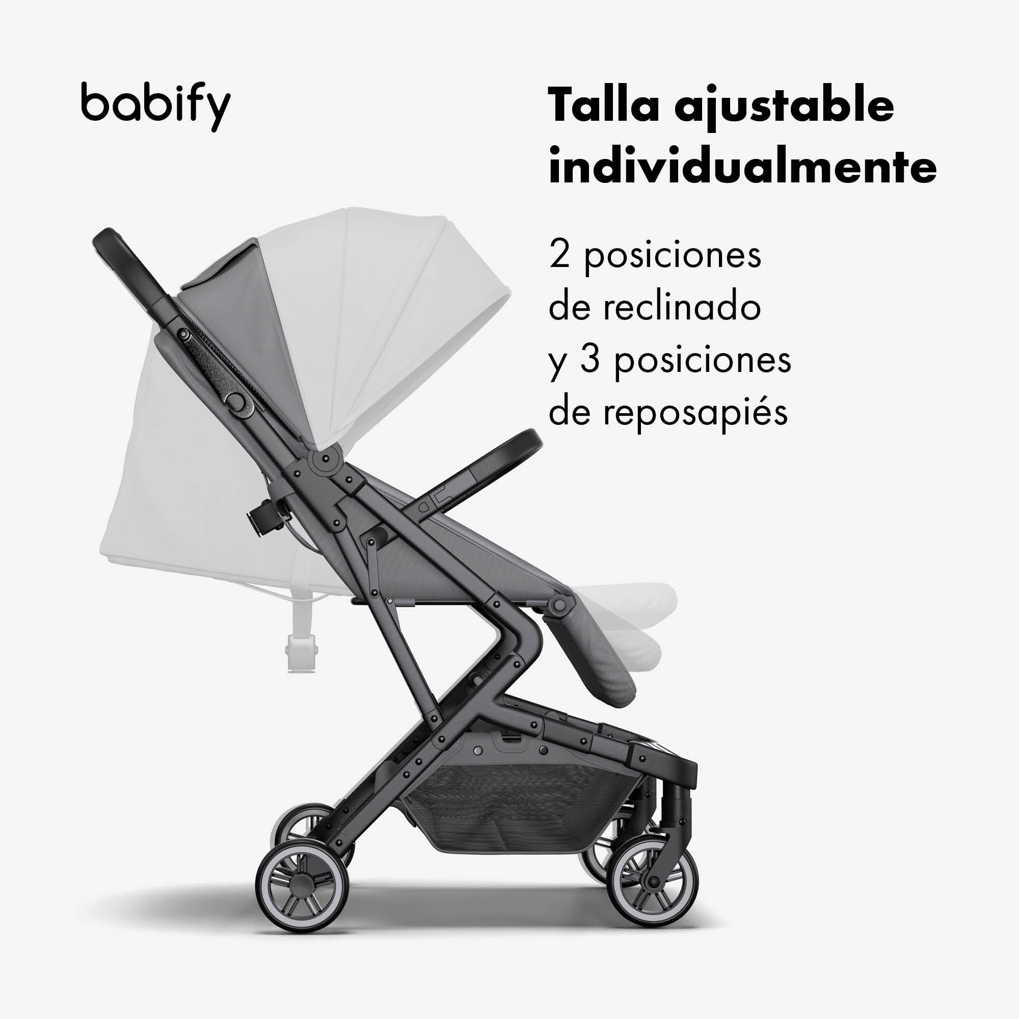 Babify Carrito Bebe Urban Ease - Desde Nacimiento a 4 Años (22 kg), Plegado con Una Mano, Reclinable, Reposapiés Ajustable, Revestimiento Extraíble, Cesta, Capota con Ventana, Silla Ligera, Gris