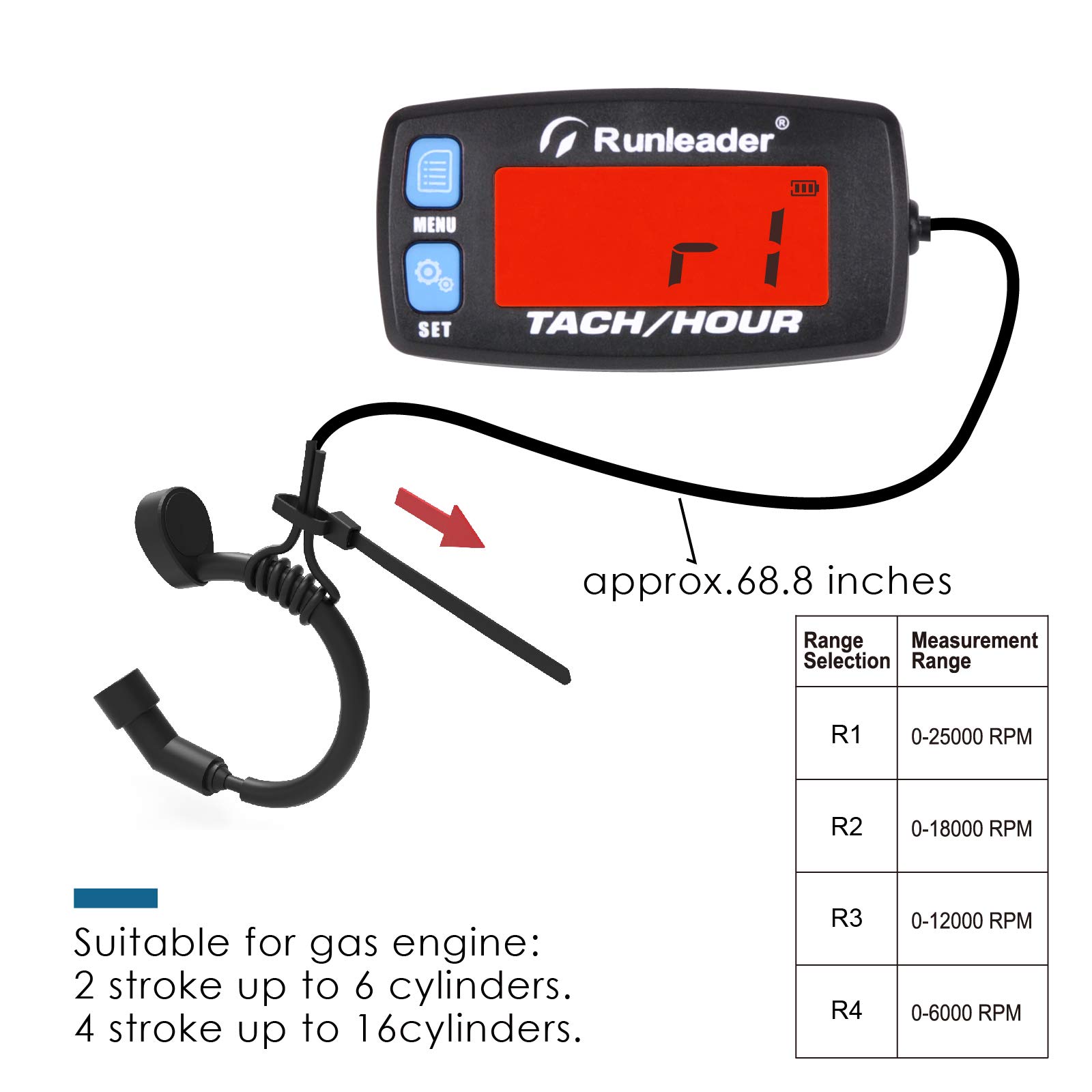 Runleader contaore digitale tachimetro,misuratore RPM,display retroilluminato,batteria sostituibile per tosaerba ZTR Generatore inverter compressore d'aria spazzaneve Motocicletta(032C-BU)