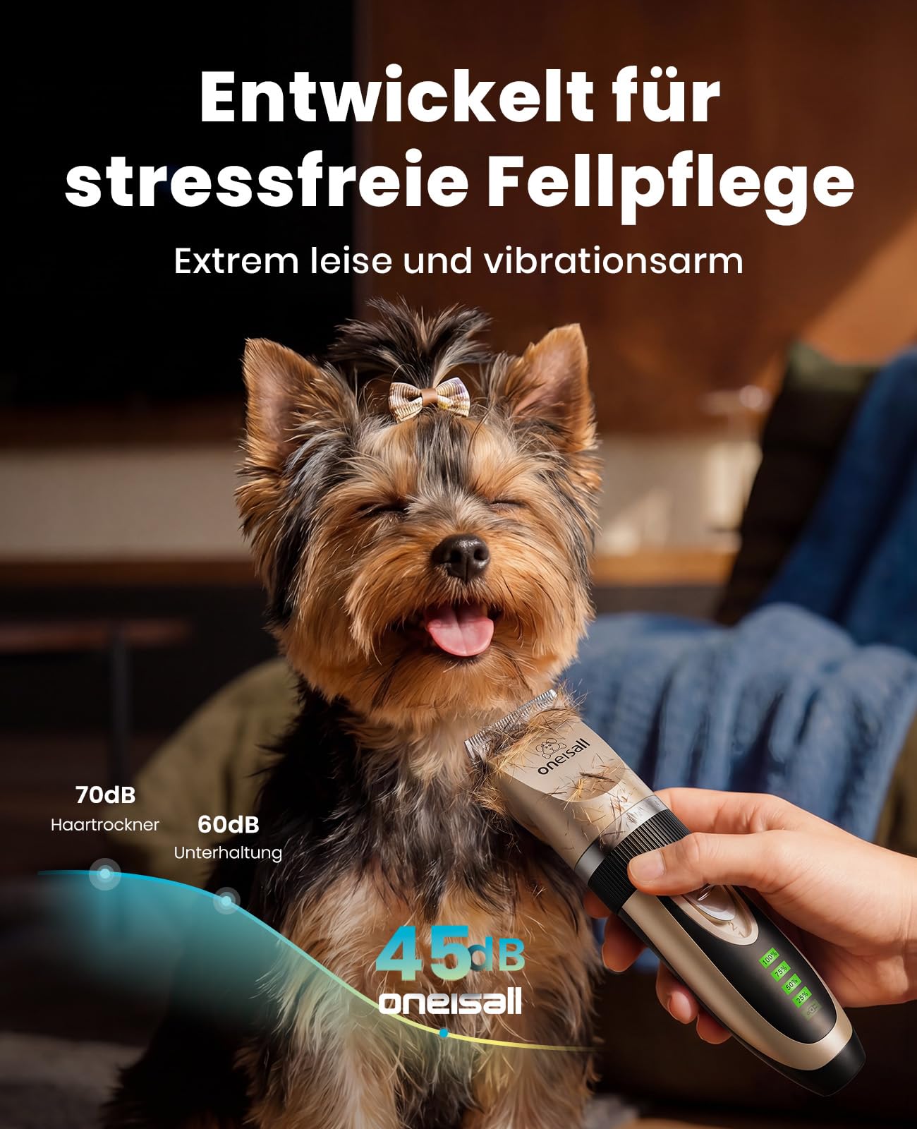 oneisall Leise Hundeschermaschine, 2000mAH 4h Laufzeit Schermaschine Katze Hunde dichtem Fell, Hunde Haarschneidemaschine Tierhaarschneidemaschine Hunderasierer Langhaar(Gold)
