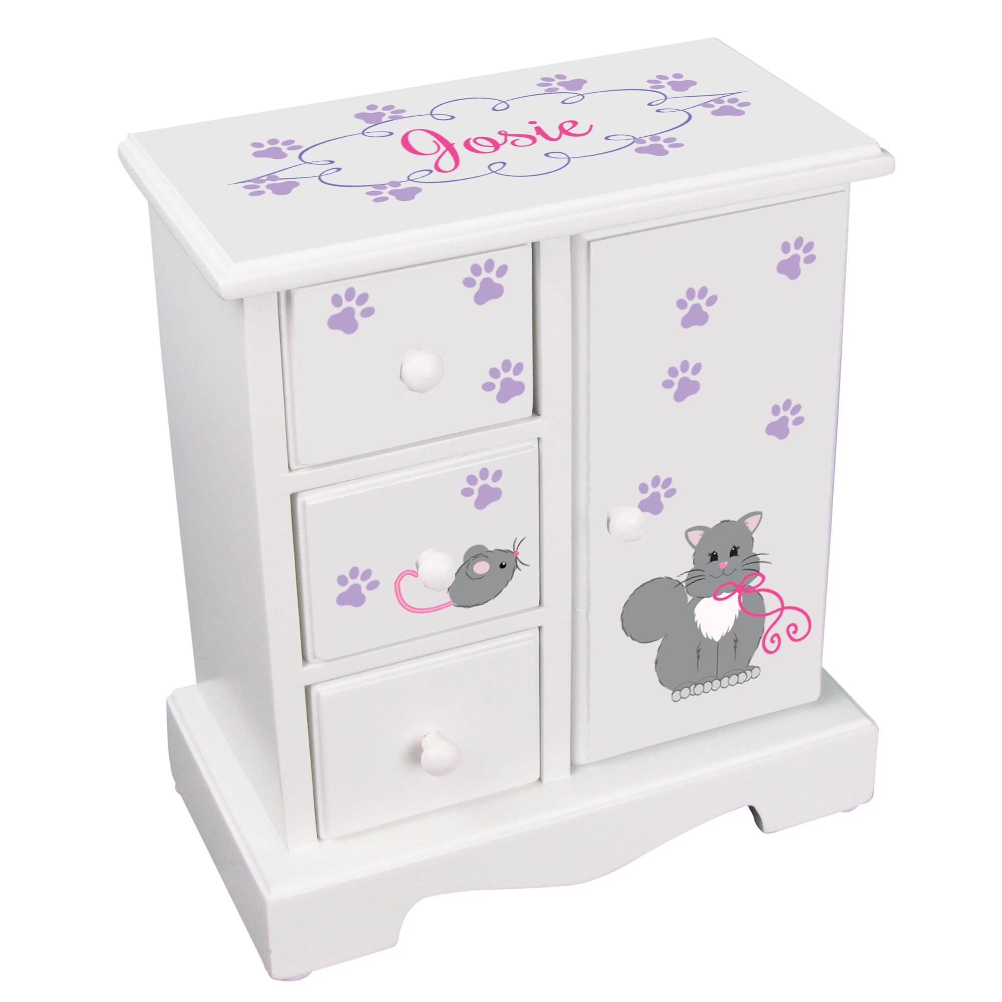Personalized Girls Jewelry Armoire Chest Box with Kitty Cat Design