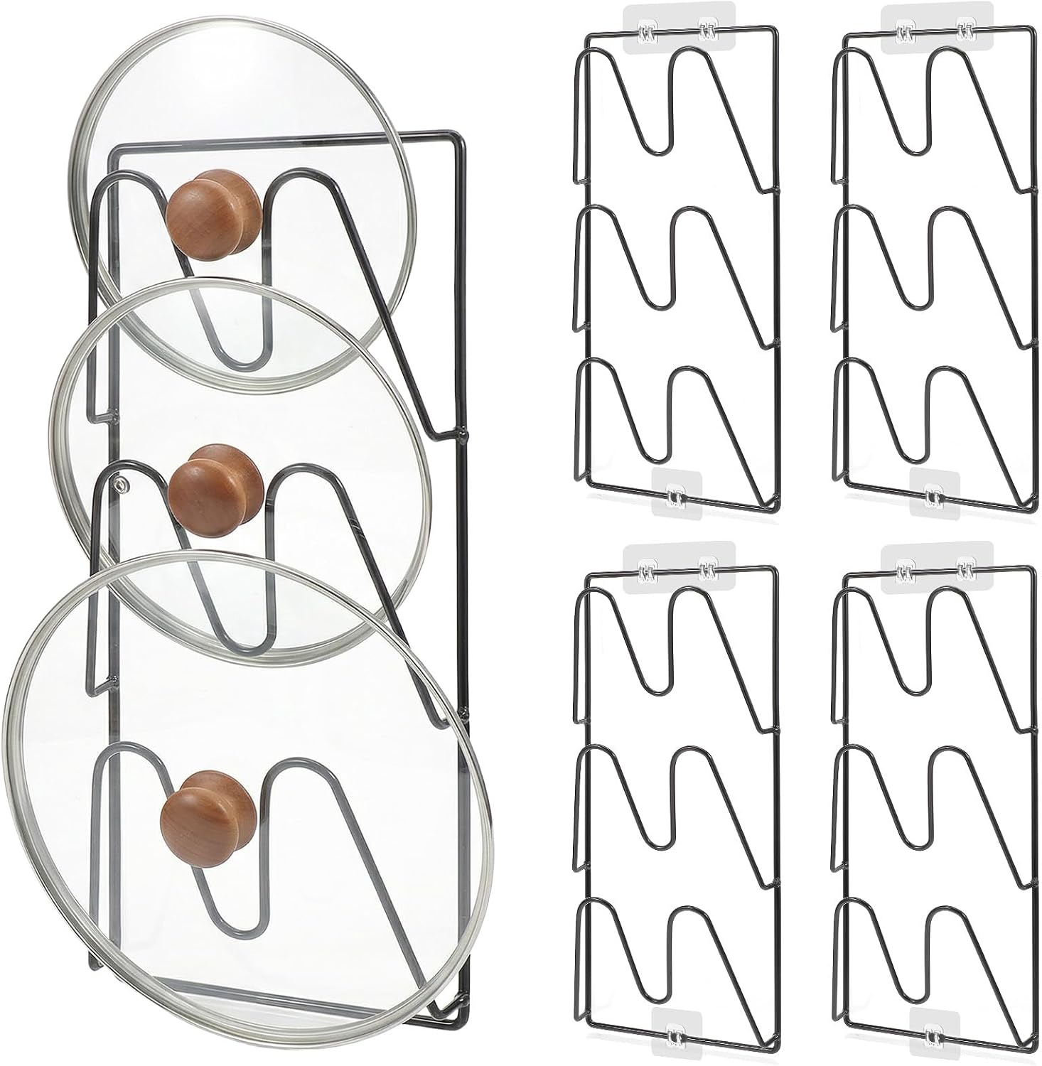 4 Pcs Pot Lid Organizer Rack, 12-Tier Adhesive Mount No Drilling Lid Holder for Cabinet Door and Wall, Rustproof Black Kitchen Storage Solution for Pots and Pans