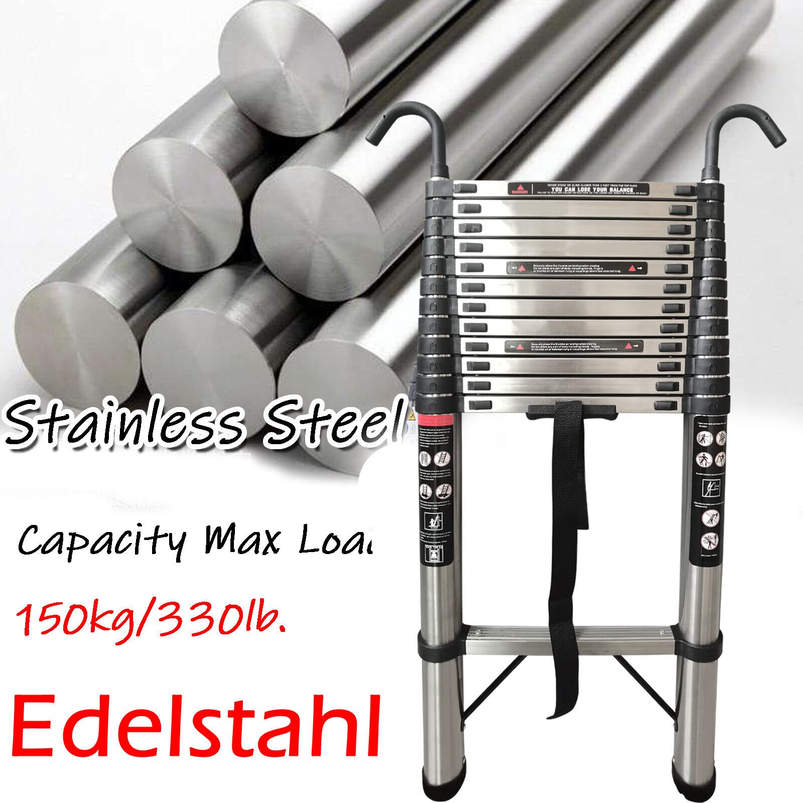 Escalera telescópica extensible plegable de 150 kg, capacidad de carga de 4,4 m, escalera de acero inoxidable con kit de gancho de techo