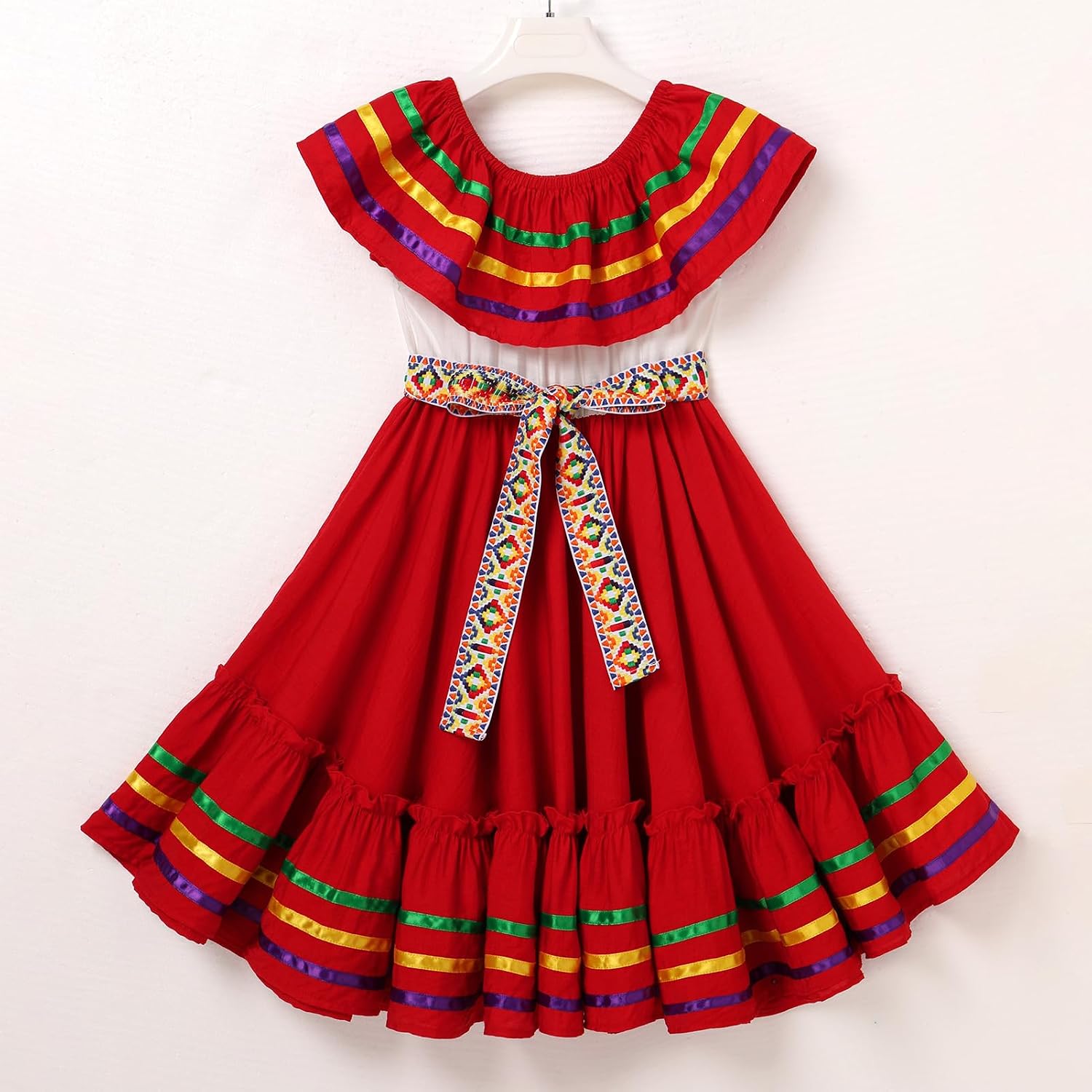 Kids Girls Cinco De Mayo Fiesta Mexican Traditional Folk Ruffle Drape Dress with Belt