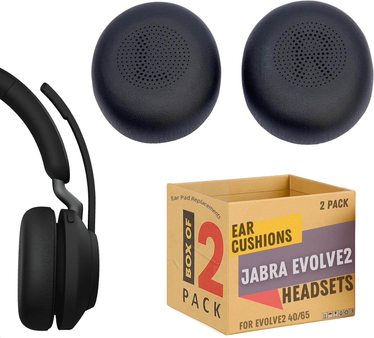 Replacement Ear Pad Cushions Compatible with Jabra Evolve2 65 and Evolve2 40 Headsets, Fits Earpiece Earcup to Exact Specs, 2pk of Leather Ear Cushions by Global Teck Worldwide (2-Pack Ear Cushions)
