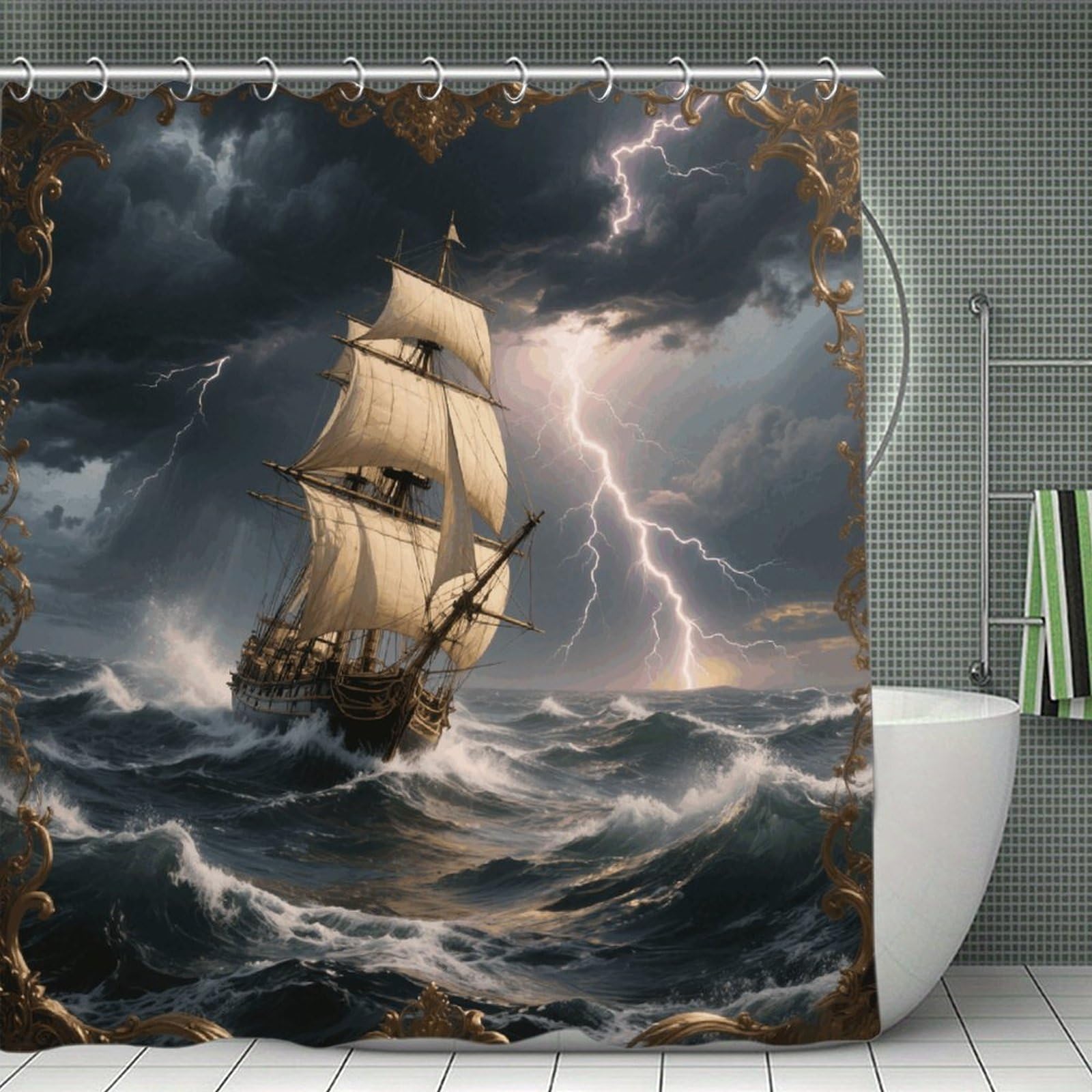 VstaDank Sailing Ship in Stormy Sea Shower Curtain Waterproof Bathroom Shower Curtain with C Type Hooks Soft Lightweight Shower Curtains Liner Washable Polyester Cloth Shower Liner 71x71 Inch