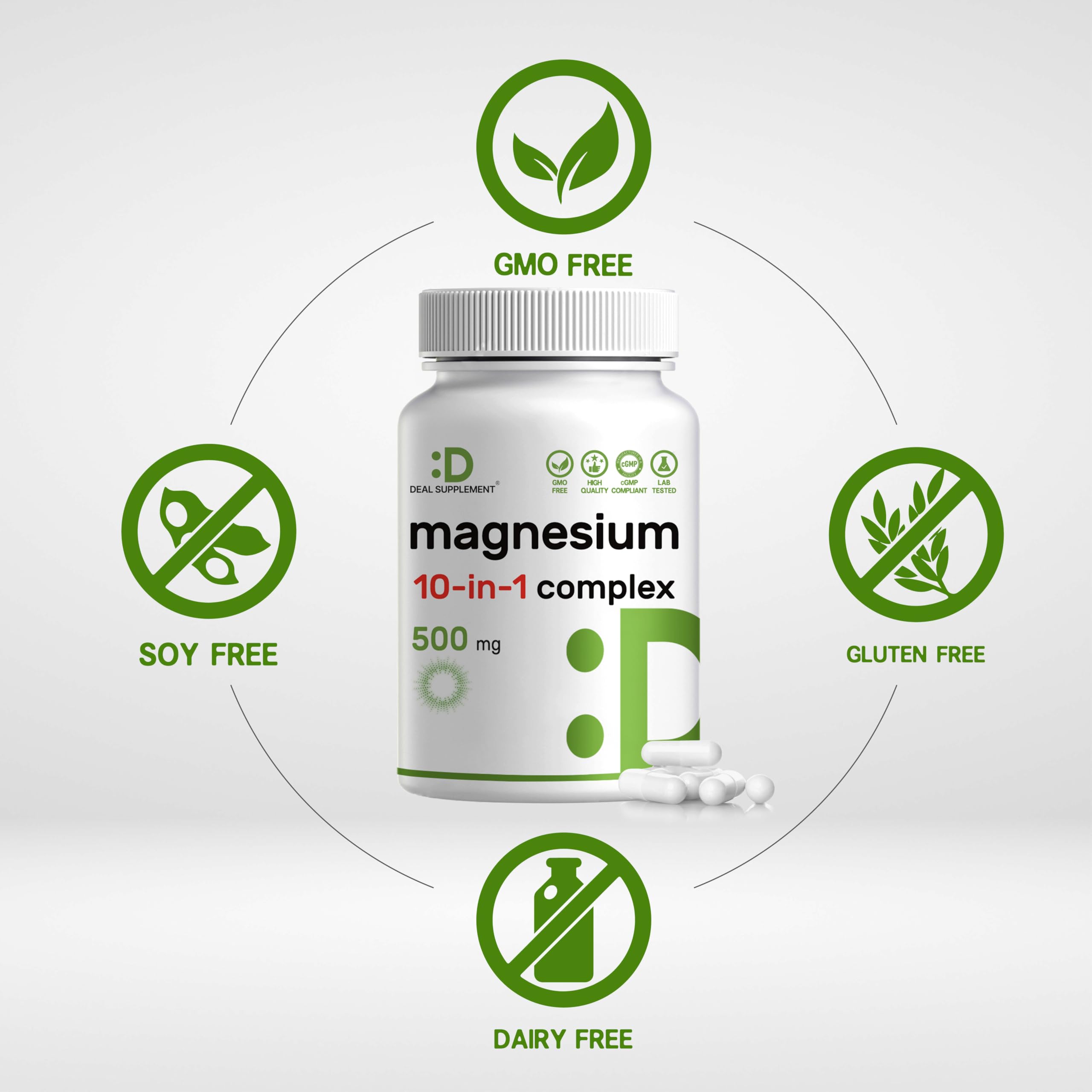 Magnesium Complex 500mg, 240 Veggie Capsules | 10-in-1 Glycinate, Citrate, Malate, & More | 100% Chelated for Easy Absorption | Essential Mineral Supplement for Muscle, Sleep, & Heart Health