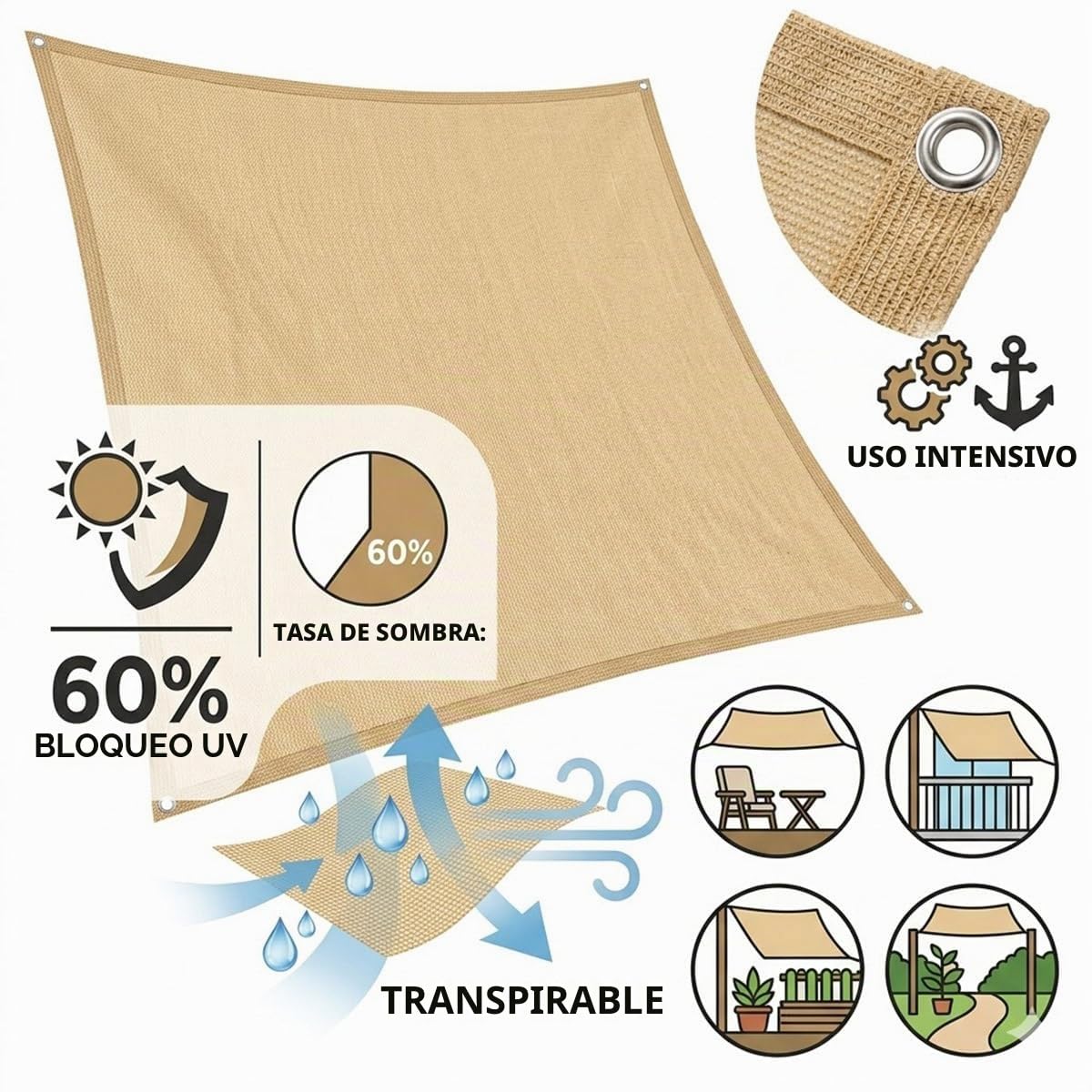Malla Sombra Beige 2x4.0m 3x4.0m con Ojales, Toldos Exterior Terraza | Malla Sombreadora 60% para Huerto Y Plantas, Toldo Transpirable para Jardín, Camping, Cañizo(6.6' x 13' (2x4.0m))