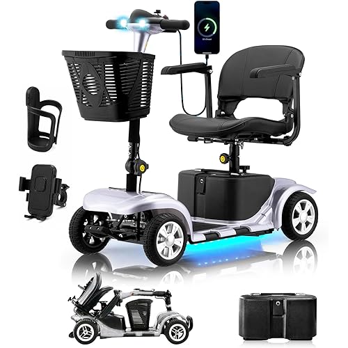Mobility Scooter for Adults, Senior, 4 Wheels Electric Powered Chargeable Device for Travel, Lightweight and Portable, with LED Headlights and Basket, Charger Included, Red/Blue (Silver/Black)