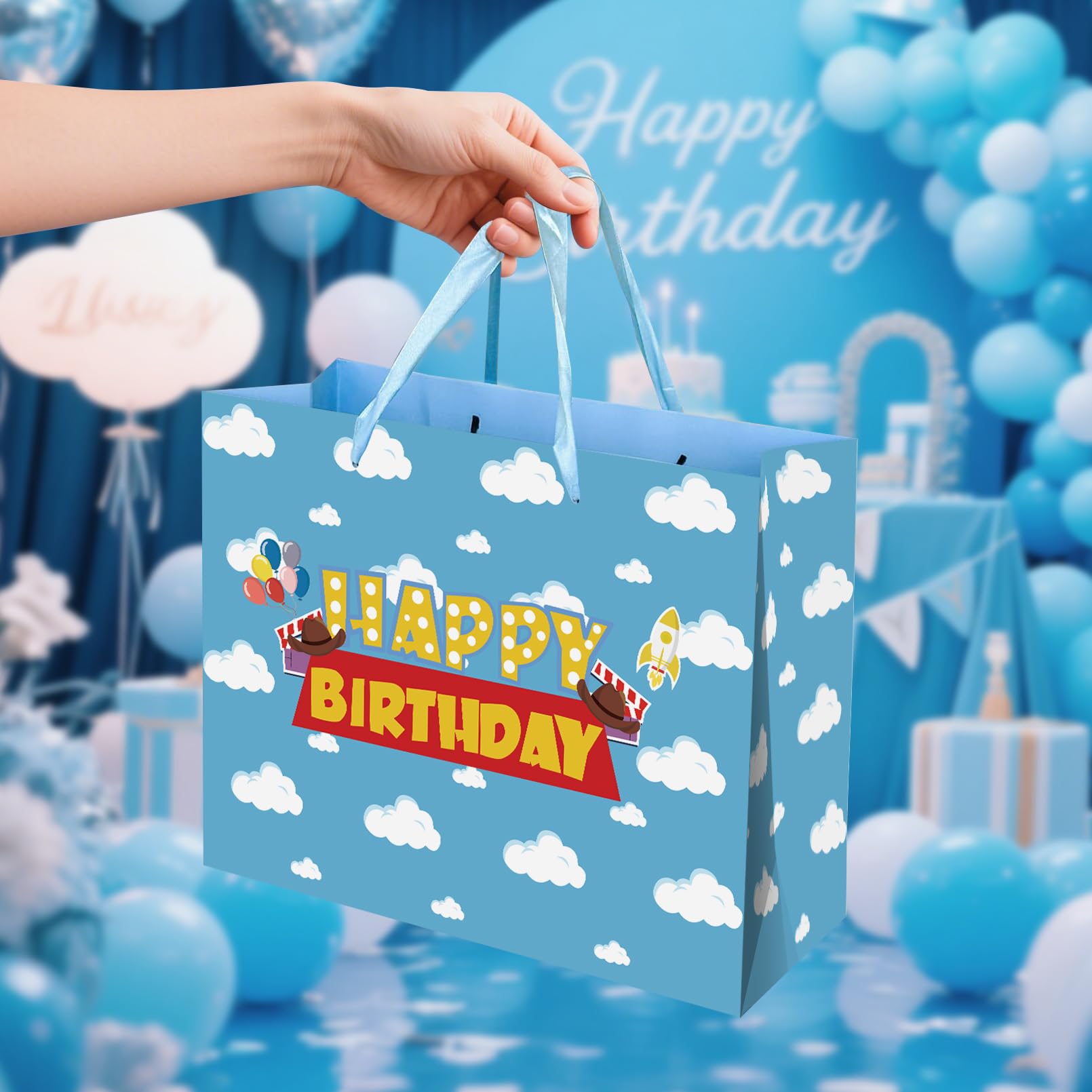 Blue Sky White Clouds Gift Bag - Extra Large Happy Birthday Bags with Card & Tissue Paper - Cheerful Cartoon Story Design for Kids Parties, Baby Showers & Celebrations