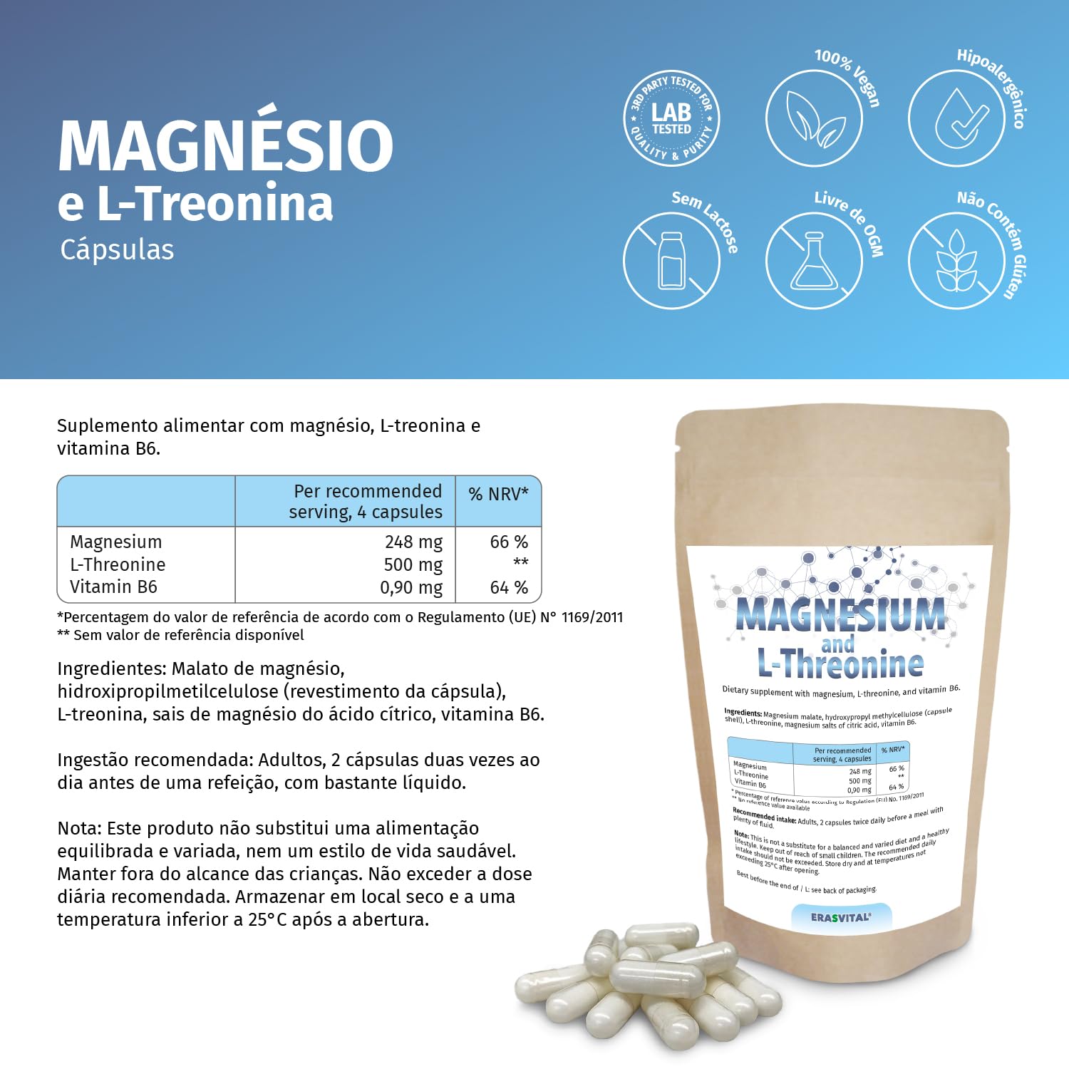 Magnesio L-Treonina 720 cápsulas Suministro para 1 mes: contribuye a la producción de energía a nivel celular y favorece la función muscular y nerviosa Vegan