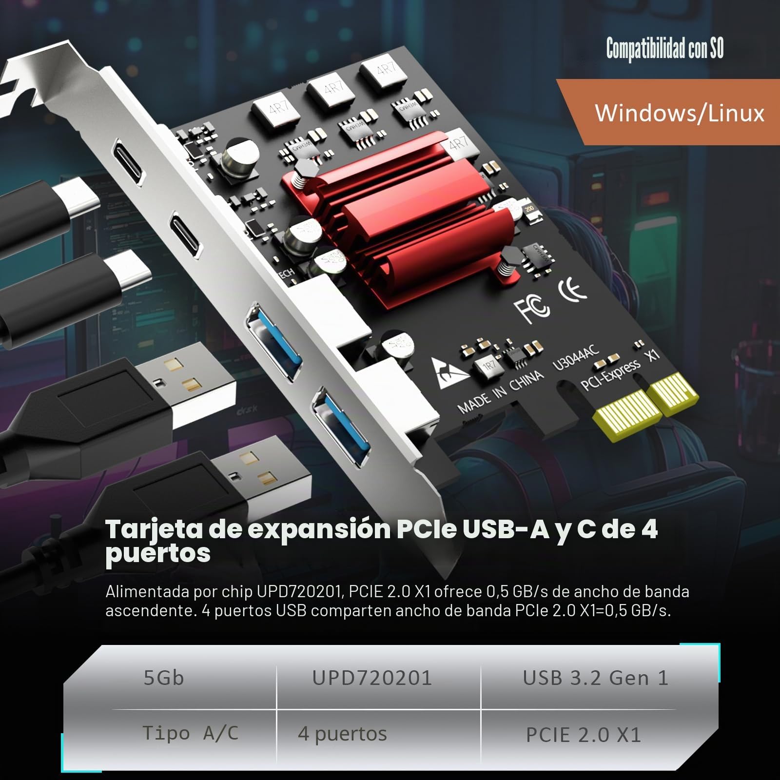 GLOTRENDS U3044AC Tarjeta de expansión PCIe USB de 4 Puertos, 2 USB-C y 2 USB-A (USB 3.2 Gen 1), Compatible con Windows y Linux (No Compatible con Mac OS)
