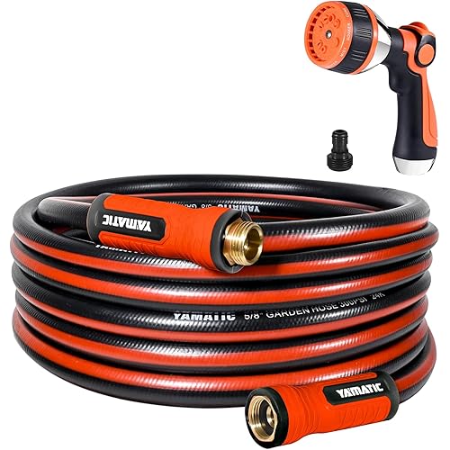 YAMATIC Garden Hose 25ft x 5/8in, Durable Water Hose with 10 Function Hose Nozzle, Swivel Handle, Kinkless, Leakproof, 3/4" Solid Brass Connections for Backyard Lawn Car Wash