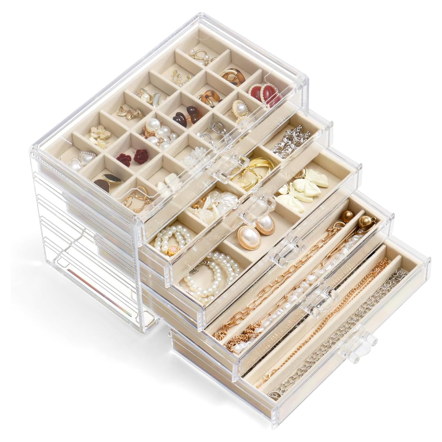 Joyero acrílico para mujer con 5 cajones, organizador de joyas con bandeja de terciopelo, estuche para guardar collares, anillos, pendientes y pulseras (Beige, 5 Drawers)