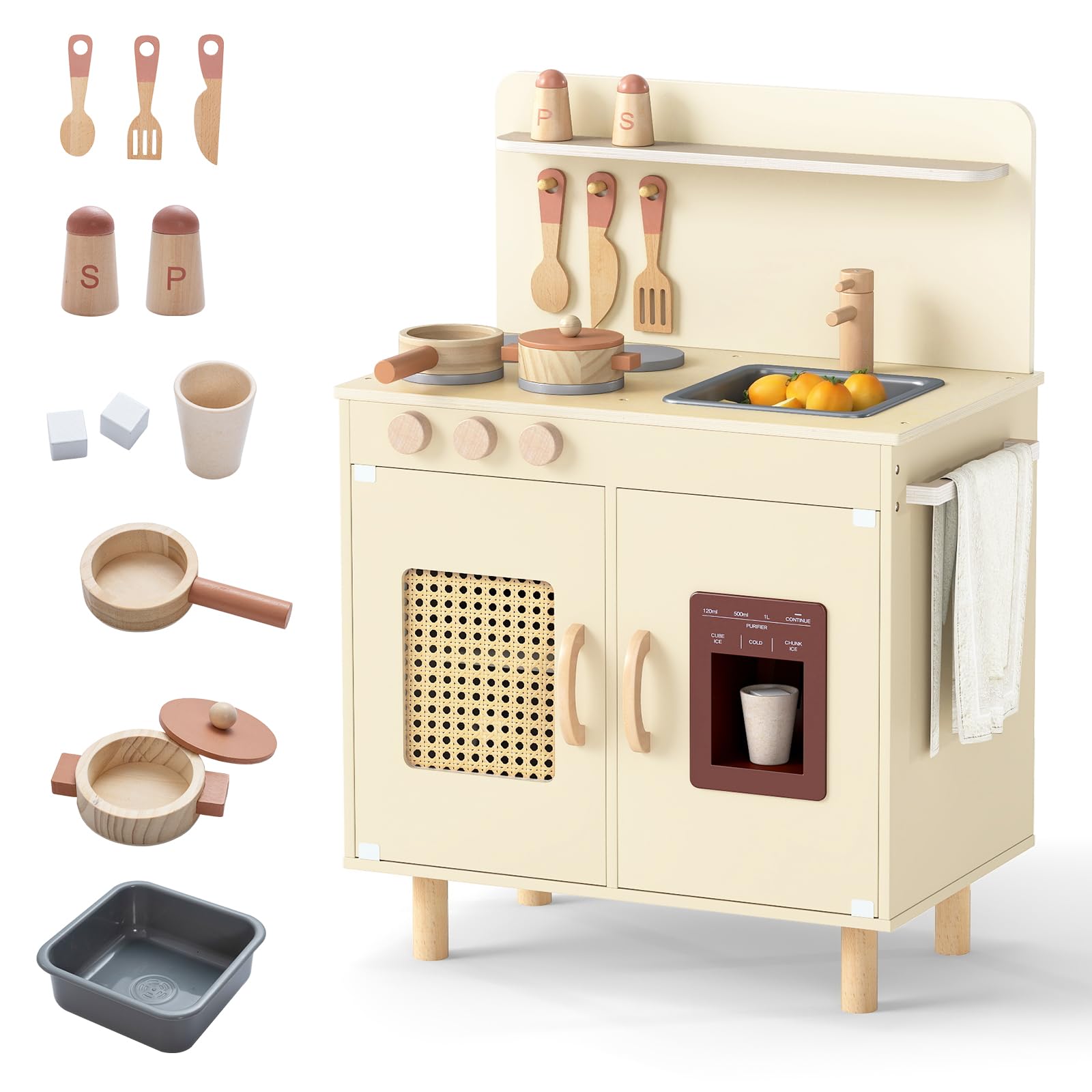 COSTWAY Cuisine Enfant en Bois avec Distributeur de Glace, 11 Accessoires, Jeu de Cuisine avec Cuisinière et Évier, Étagères et Armoire et Porte-Serviettes, Jeu d'Imitation pour 3 Ans+ (Jaune)