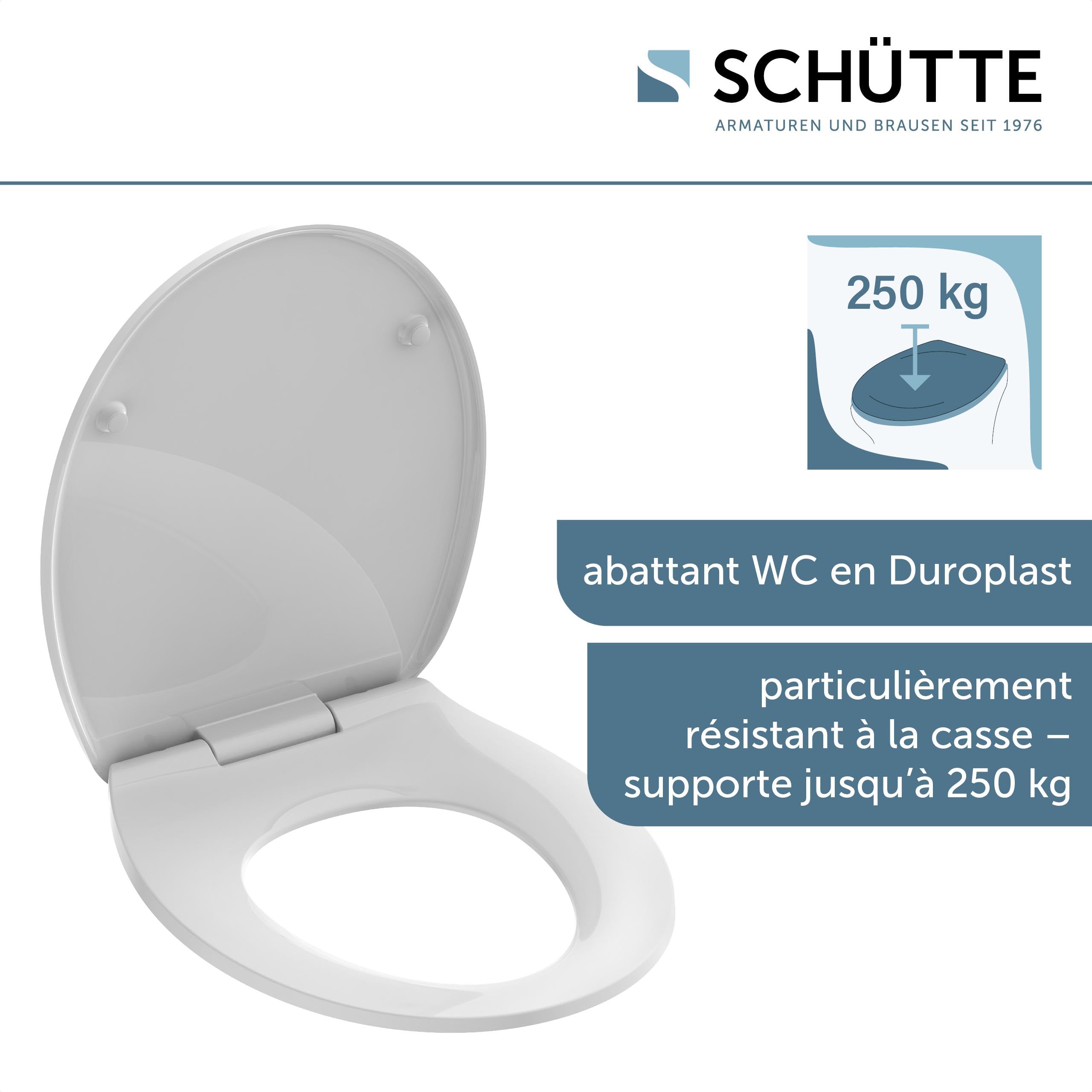 Schütte Abattant WC Universel Fin - Duroplast, Abaissement Automatique | Lunette de toilette Duroplast incassable, amovible, fixation adhésive, charge 250 kg, compatible céramiques standard
