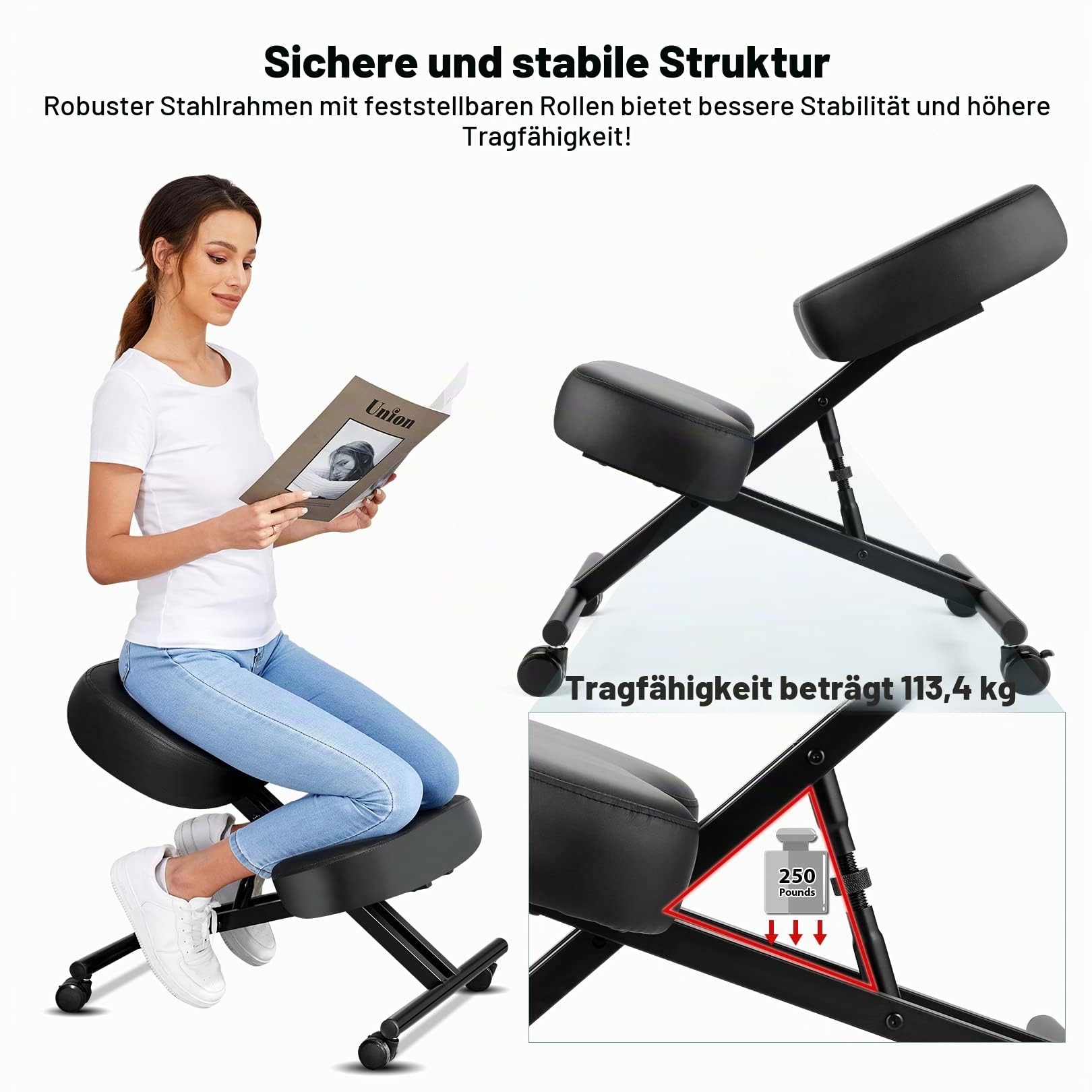 Kniestuhl Ergonomischer, Verstellbarer Kniehocker Stuhl für Büro, Metallgestell + Leder Bürostuhl Sitzhocker mit Knieablage, Rollen, 3" Kissen, Hocker zu Verbessert Haltung & Rückenschmerzen