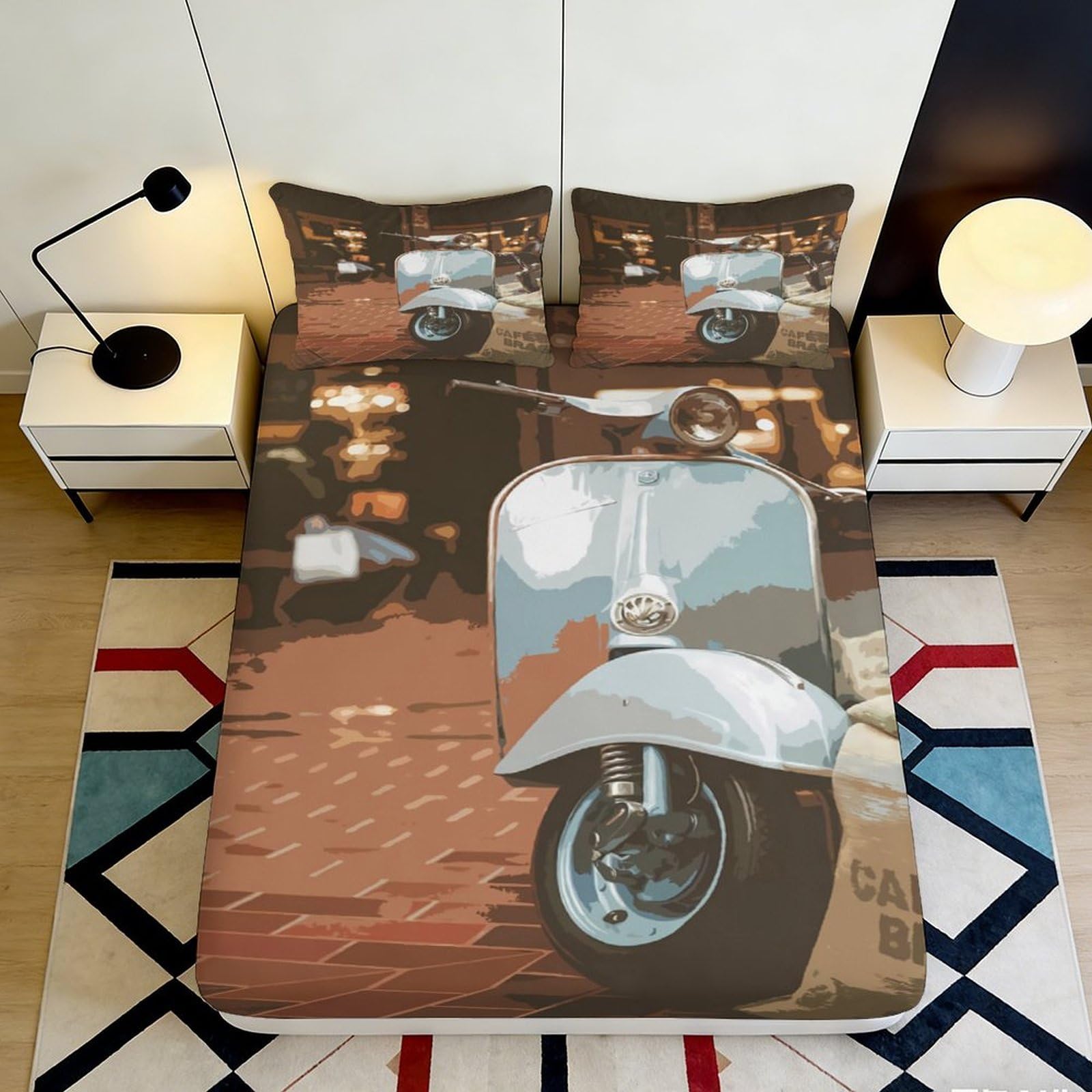Uxinyoume Style-7 3D Printed Vintage Motorcycle Fitted Sheet Microfiber Anti-Slip Bed Cover For Bedroom Guest Room Decor Easy Care 90X200x25cm