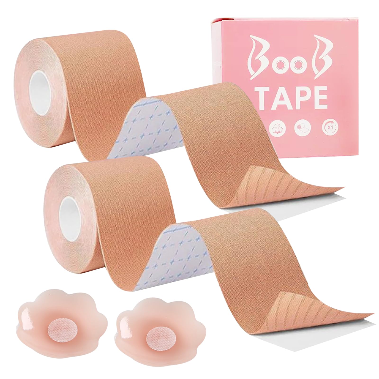 Funnaura Women's Beige 2 Pcs Boob Tape, 5M Stretchable Self-Adhesive Strapless Boobtapes For Large Breasts With 2 Nipple Covers