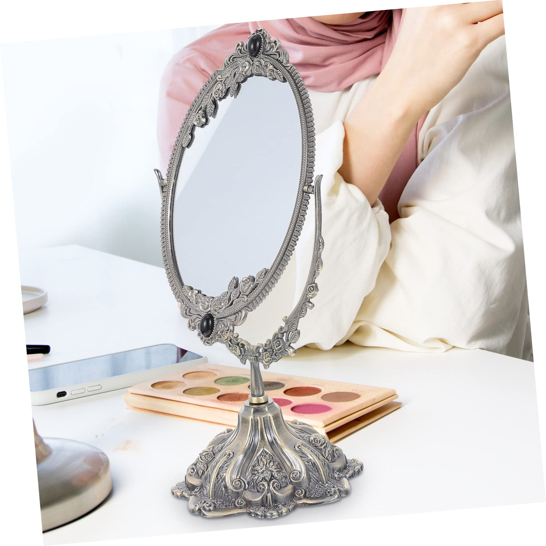 CALLARON Retro Kosmetikspiegel aus Zinklegierung, Doppelseitig Drehbar | Europäischer Stil, Flacher Standfuß, Hohe Klarheit, für Make Up und Hochzeit