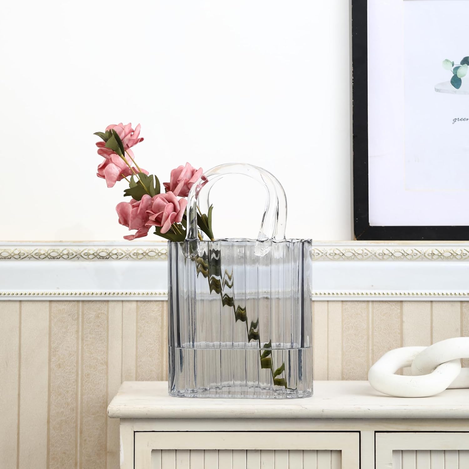 Purse Vase, Glass Bag Vase, Glass Purse Vase for Flowers, Grey Glass Vase, 11.2 Inch Large Glass Flower Vases, Ribbed Vases for Wedding, Living Room, Bedroom, Table, Office