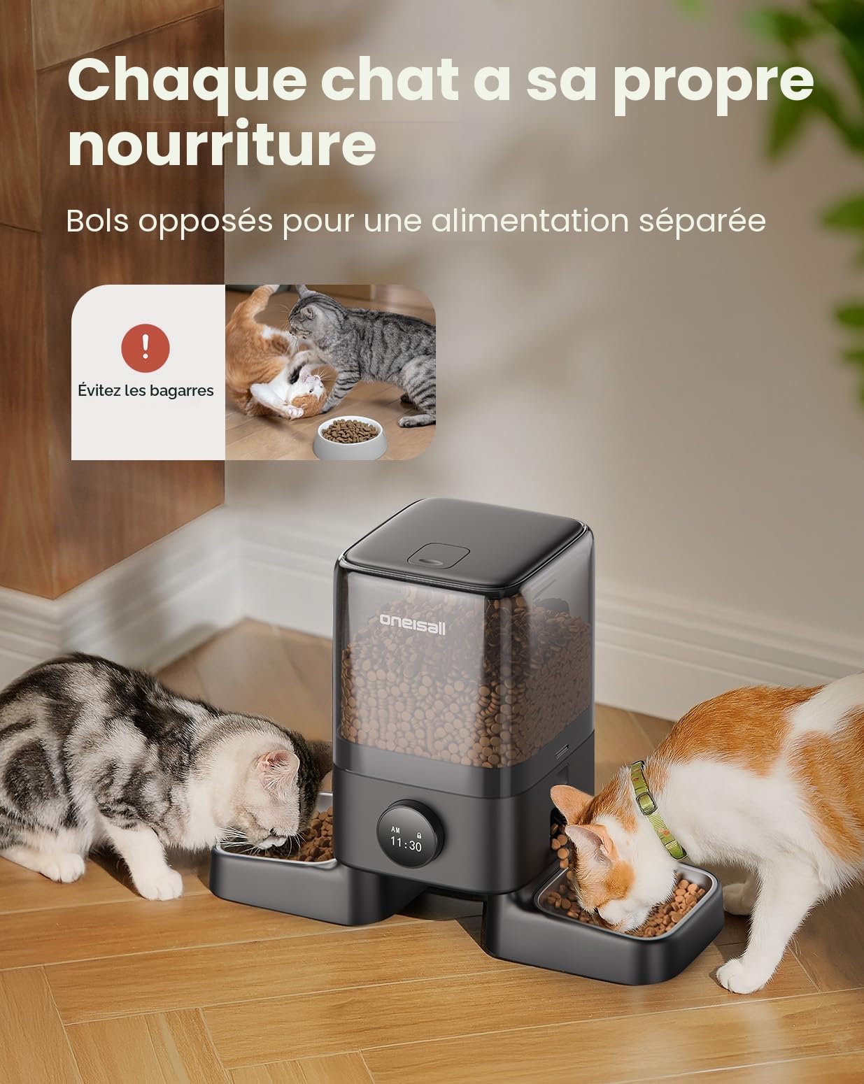 oneisall Distributeur Croquettes Automatique pour 2 Chats 5L, Distributeur Automatique de Nourriture pour Chats avec 2 Bols Distributeur Croquettes Chien en Acier Inoxydable 304, 1-6 Repas par Jour