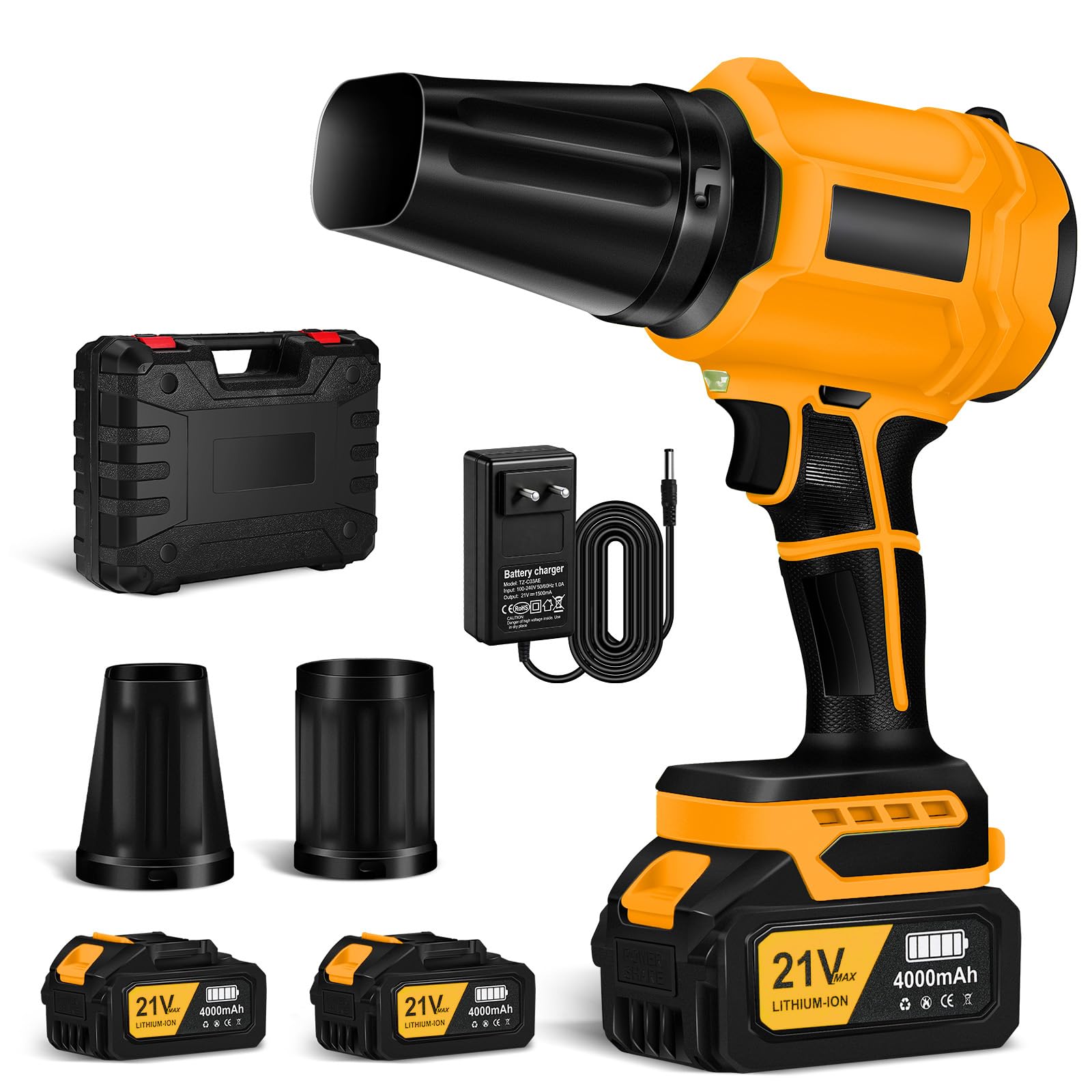 Soffiatore a Batteria Portatile, Aria Potente ad Alta Velocità con 2 Batterie 4000mAh, Velocità Del Vento 65 m/s, Soffiatore per Foglie Leggero per Giardino, Polvere e Neve,Giallo
