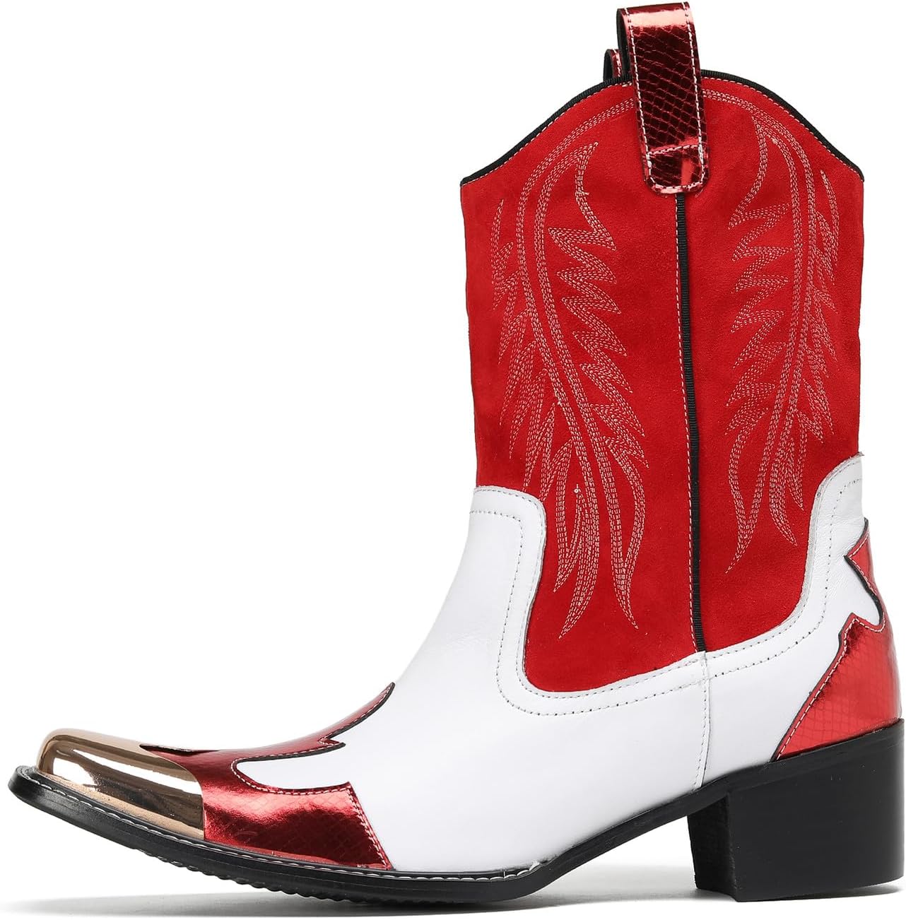 Santimon Men's Cowboy Western Boots with Cowhide Leather, Red & White Design - Comfortable Pull On Casual Mid Calf Boots for Retro Embroidered Rodeo Festival Party
