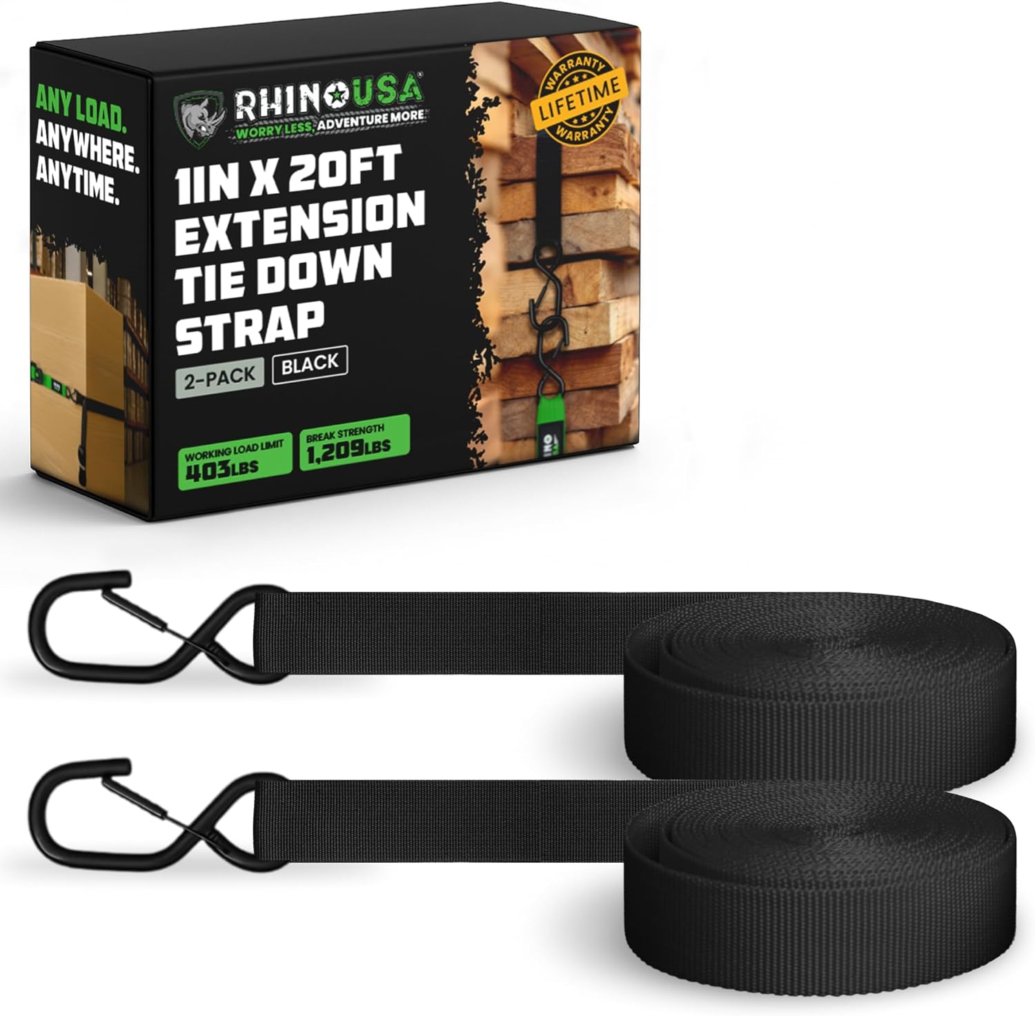 2 Pack Ratchet Strap Extension – 20 FT x 1 Inch with Loops Every 5 FT – S-Hook with Safety Clip – 1,209 LB Break Strength – Cargo Tie Down for Oversized Loads, Boxes, Moving, Hauling