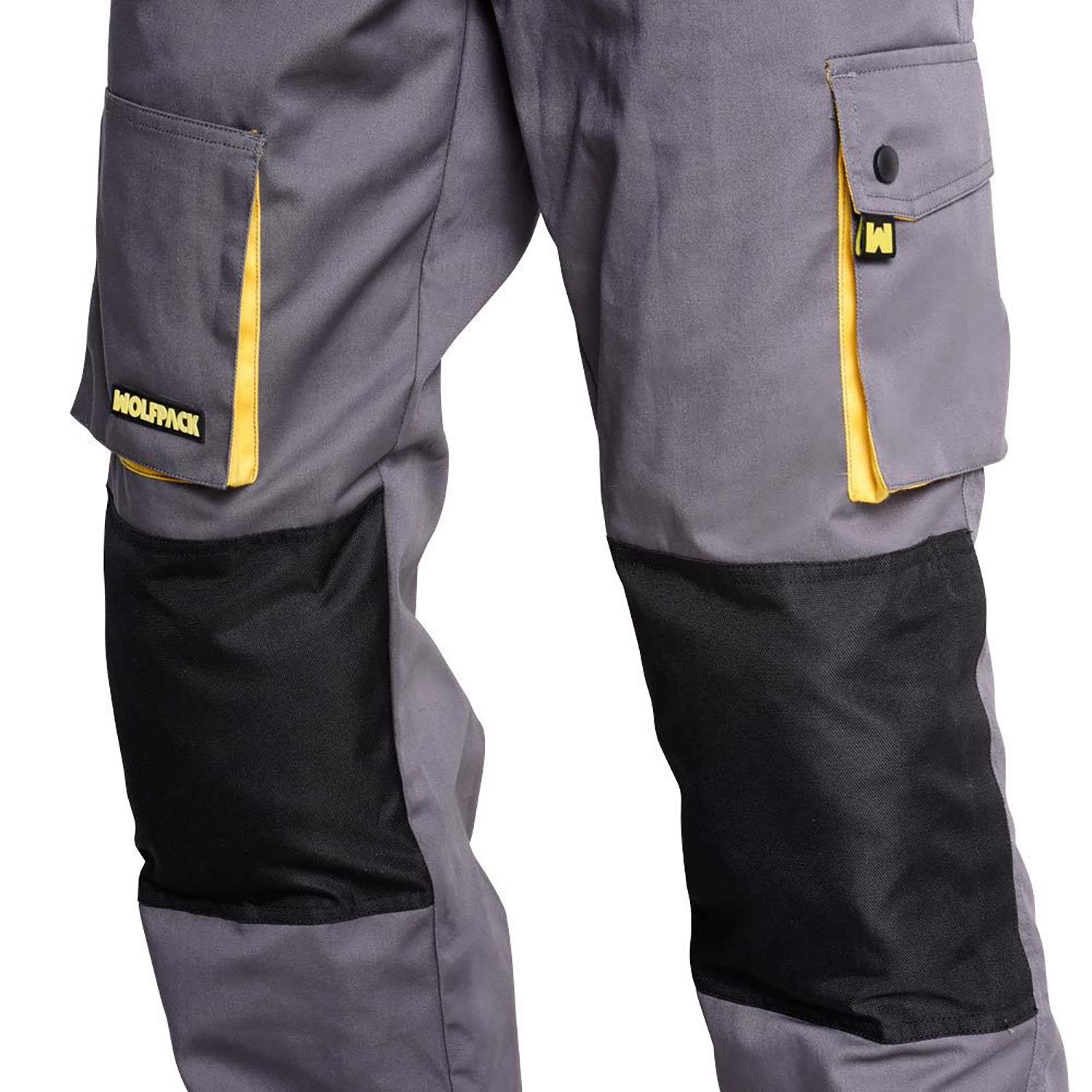 Wolfpack Linea Profesional Pantalones Largos DeTrabajo, Multibolsillos, Resistentes, Rodilla Reforzada, Gris/Amarillo Talla 50/52 XL