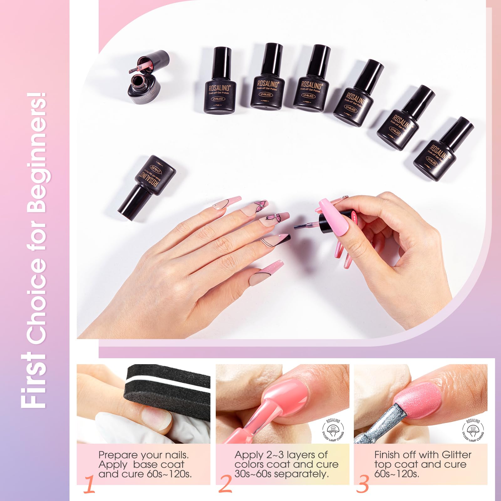 ROSALIND Kit Uñas Semipermanentes con Lámpara 48W, 65 Piezas Esmaltes Semipermanentes Rosa Amarillo Azul Verde Morado Colores Uñas Semipermanentes Kit Completo Regalos Principiantes