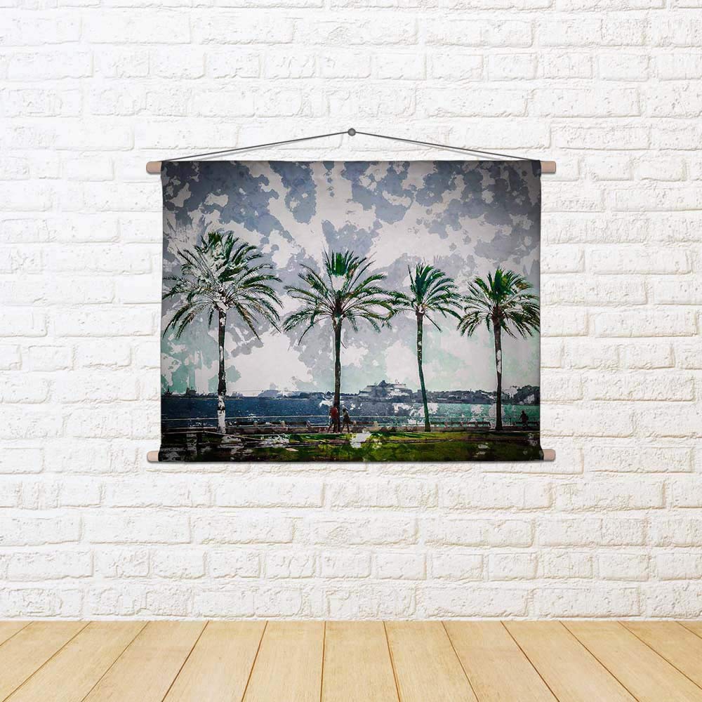 ArtzFolio Palm Trees Along Coast In Palma De Mallorca, Spain Canvas Fabric Painting Tapestry | Scroll Art Hanging 24.5 x 18 inch (62 x 46 cms)