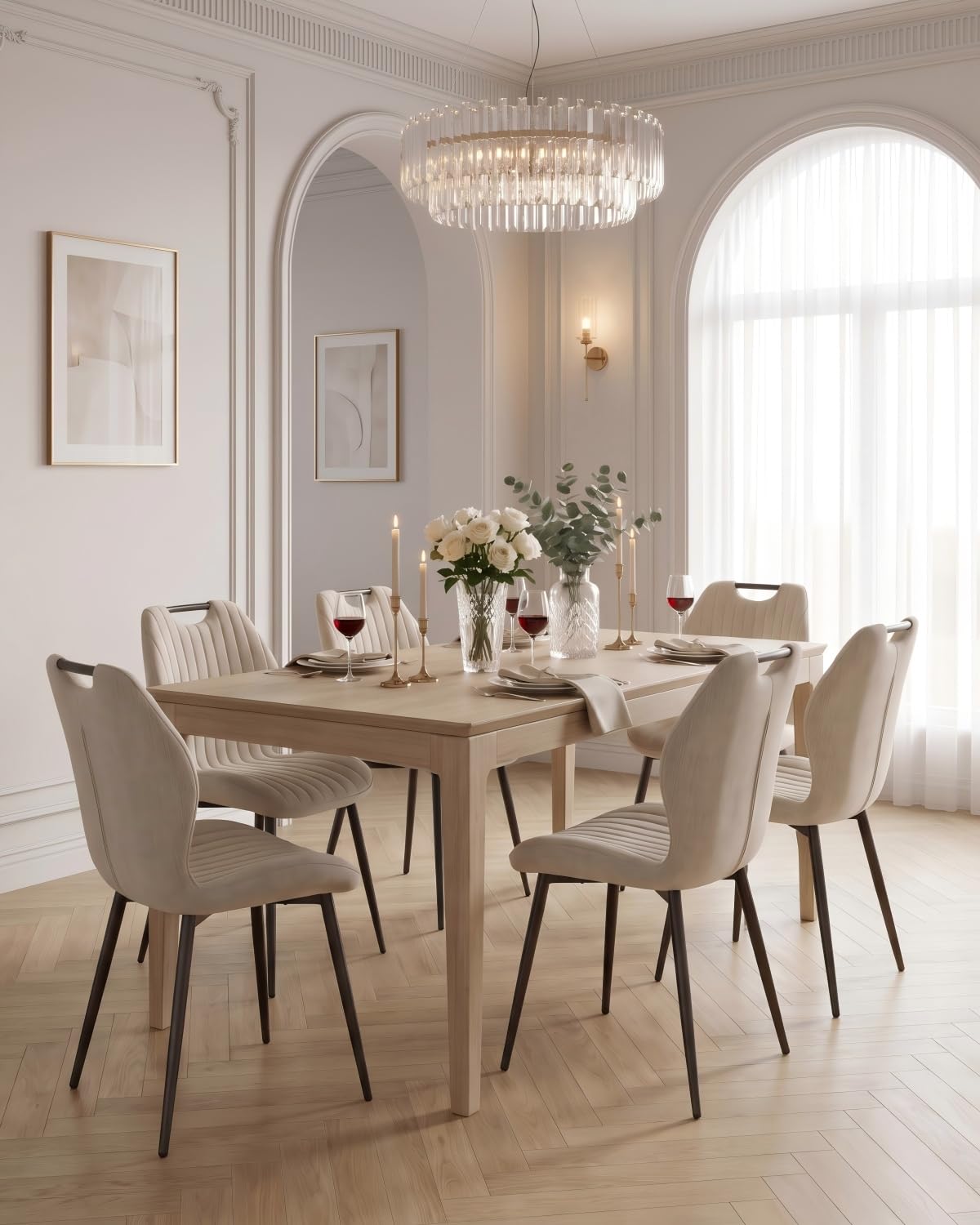 JIJIAN Sillas de Comedor Pack de 6 en Tela de Lino Marrón Claro | Sillas de Cocina, Sillas de Salón, Sillas Tapizadas, Patas de Metal, para Comedor, Cocina y Restaurante