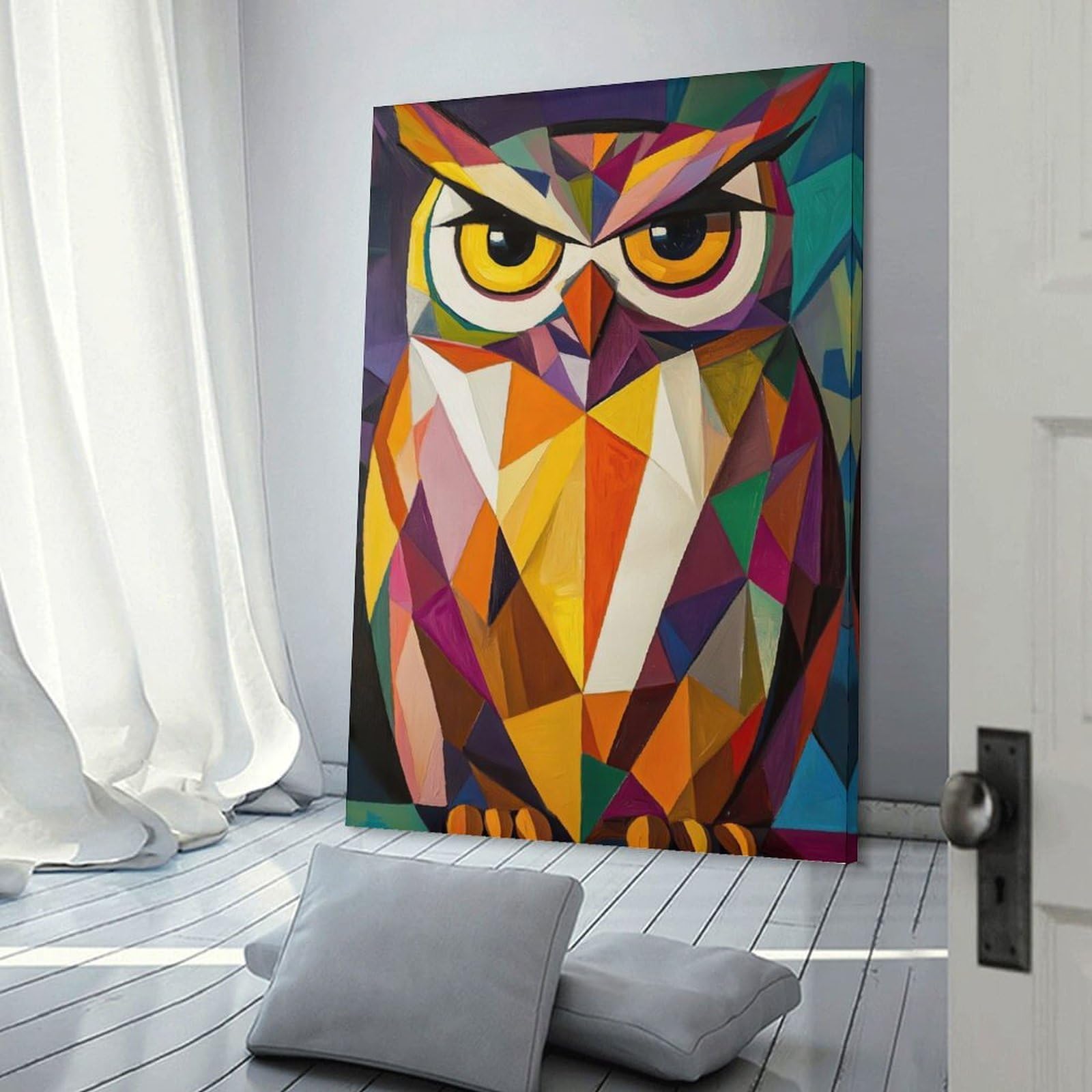 Junmoney Geometric Owl Painting Decorative Wall Artwork 24x36inch(60x90cm), for New Homes, Bedrooms Or Workspaces, A Wall Art Gift for Fresh Interiors
