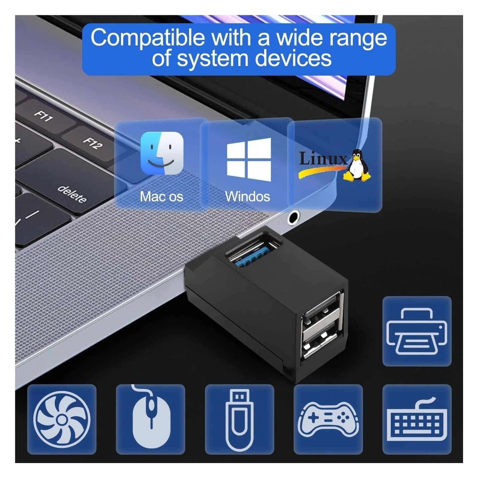 Hub USB 3.0 3-portowy rozdzielacz 5 Gb/s do laptopa PC Mac (czarny)