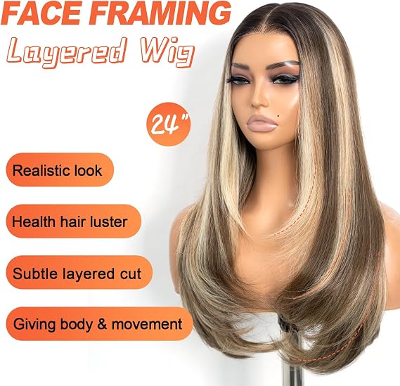 Style Icon 24 inch Multi-Layer Long Straight Hair Wig Brown Highlight 6x4 Pre-Cut Lace Long Layered Hair Synthetic Free Part Wig (NTSA4/10/23B/613C)