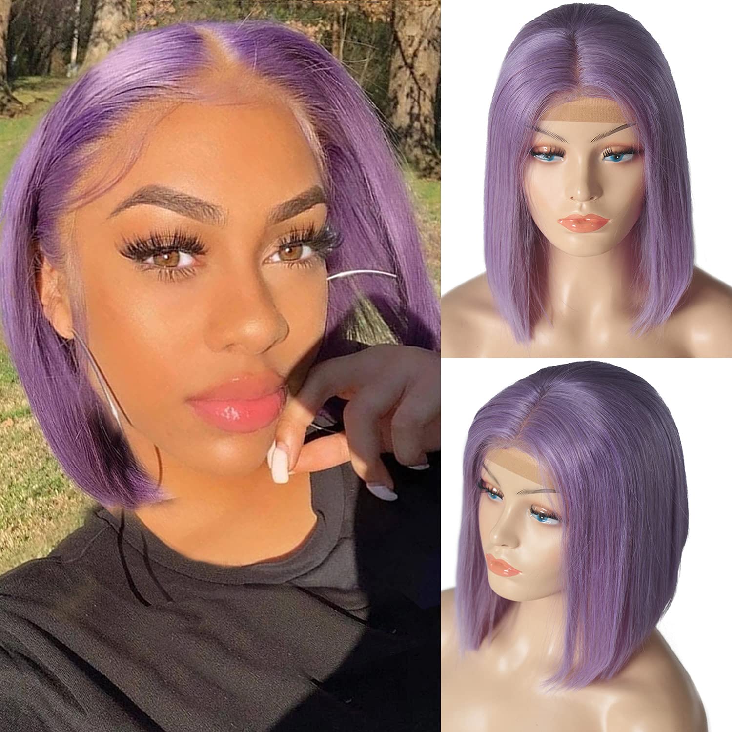 13x4 Lace Front Lilac Bob Wigs Human Hair HD Transparent Glueless Pre Plucked Hairline Bob for Women Middle Part Silky Straight 10inch Brazilian