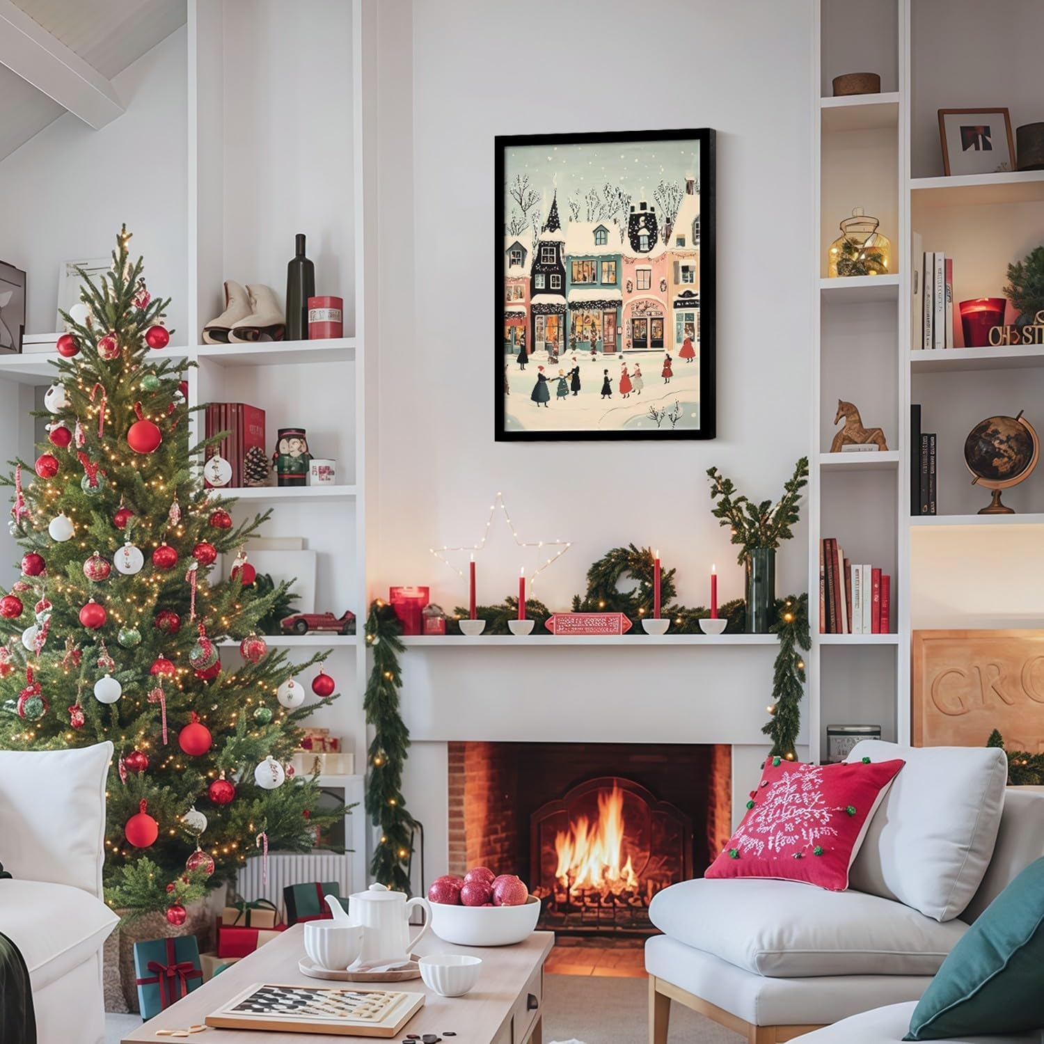 Framed Christmas Street Scene Canvas Wall Art Winter Festival Painting Print Poster Picture Gallery Wall Decor Living Room Bedroom Dining room 16X24 Inch Ready to Hang