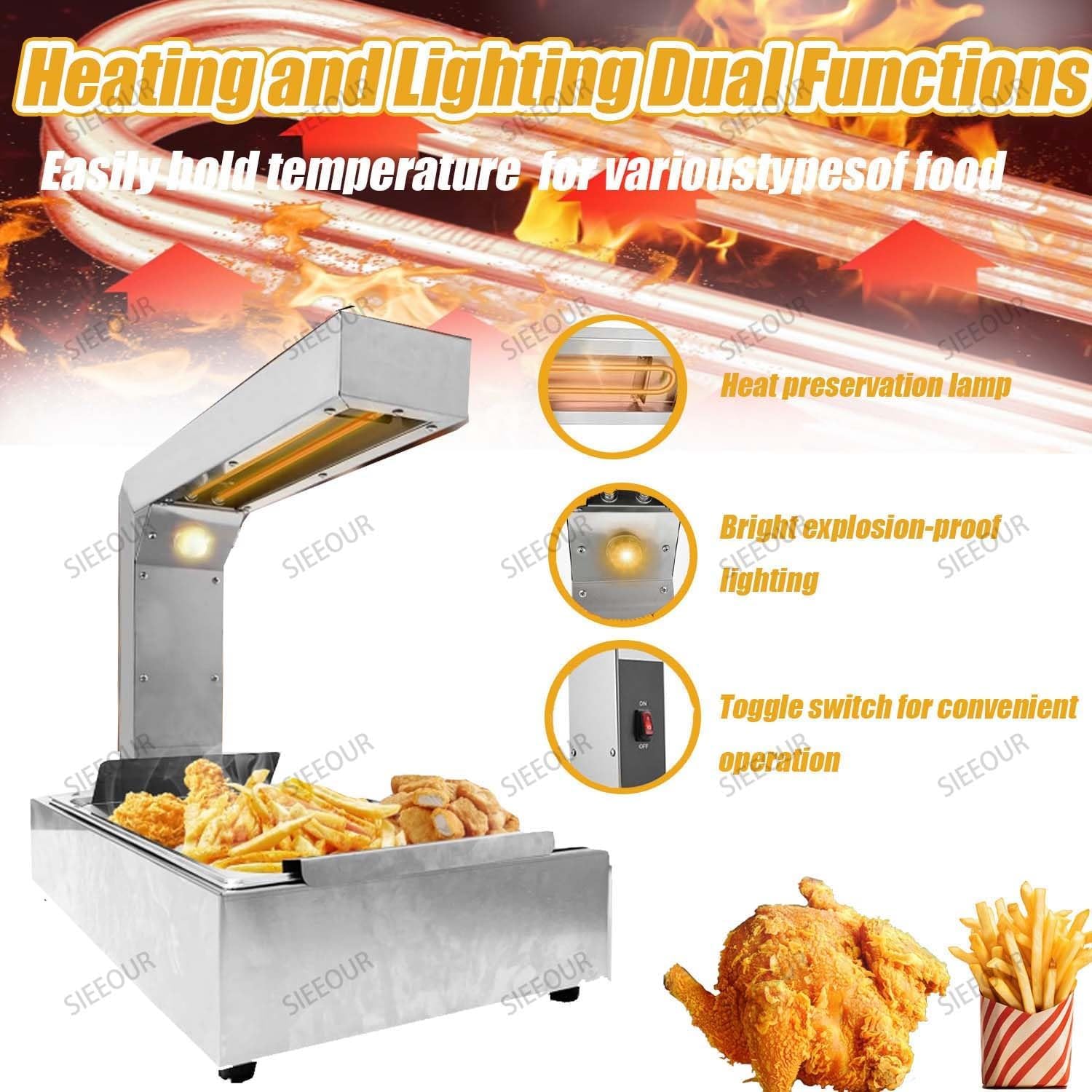 1000W Commercial Food Warmer with Stainless Steel Dump Station & Heat Lamp - Perfect for Buffets, Fast Food Restaurants, Snack Counters, and Catering Services