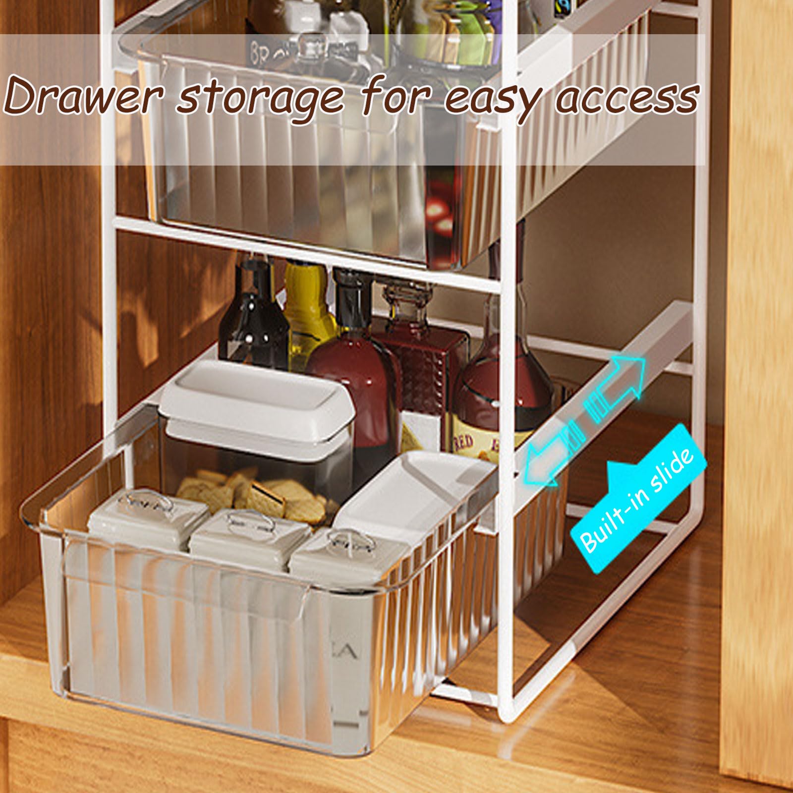 Dxcaicc Organiseur d'armoire extractible, tiroirs sous évier, Panier de Rangement pour tiroirs,étagère de Rangement Domestique pour Salle de Bain et Cuisine,d'or,2Layer