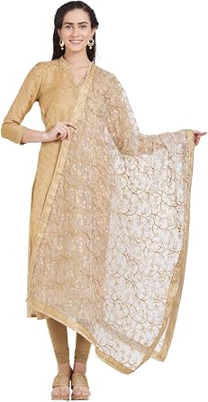 DUPATTA BAZAAR Womans Gold Embroidered Net Dupatta