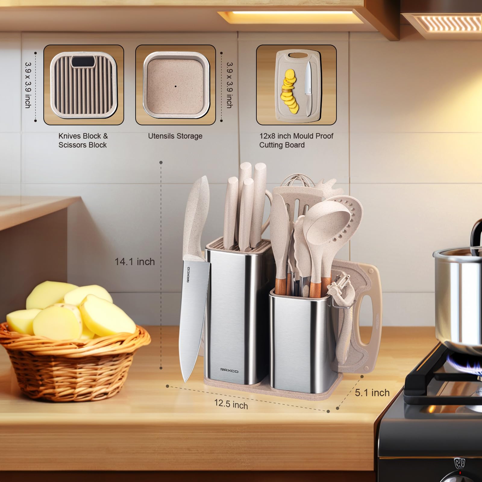 RAXCO Set di coltelli da cucina con blocco, 18 pezzi di utensili da cucina con 5 coltelli e 7 spatole in silicone (Giallo Paglia)