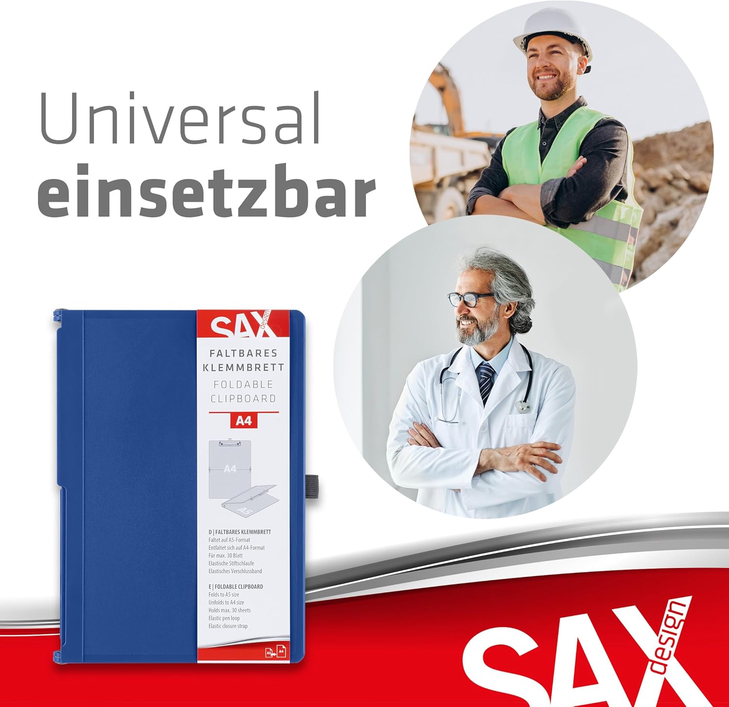 Sax Folding Clipboard Blueberry Clipboard A4 to A5 Portrait and Landscape Format Ideal for Travel and Business Holds 30 Sheets Includes Elastic Closure Band and Pen Loop Durable & Shockproof
