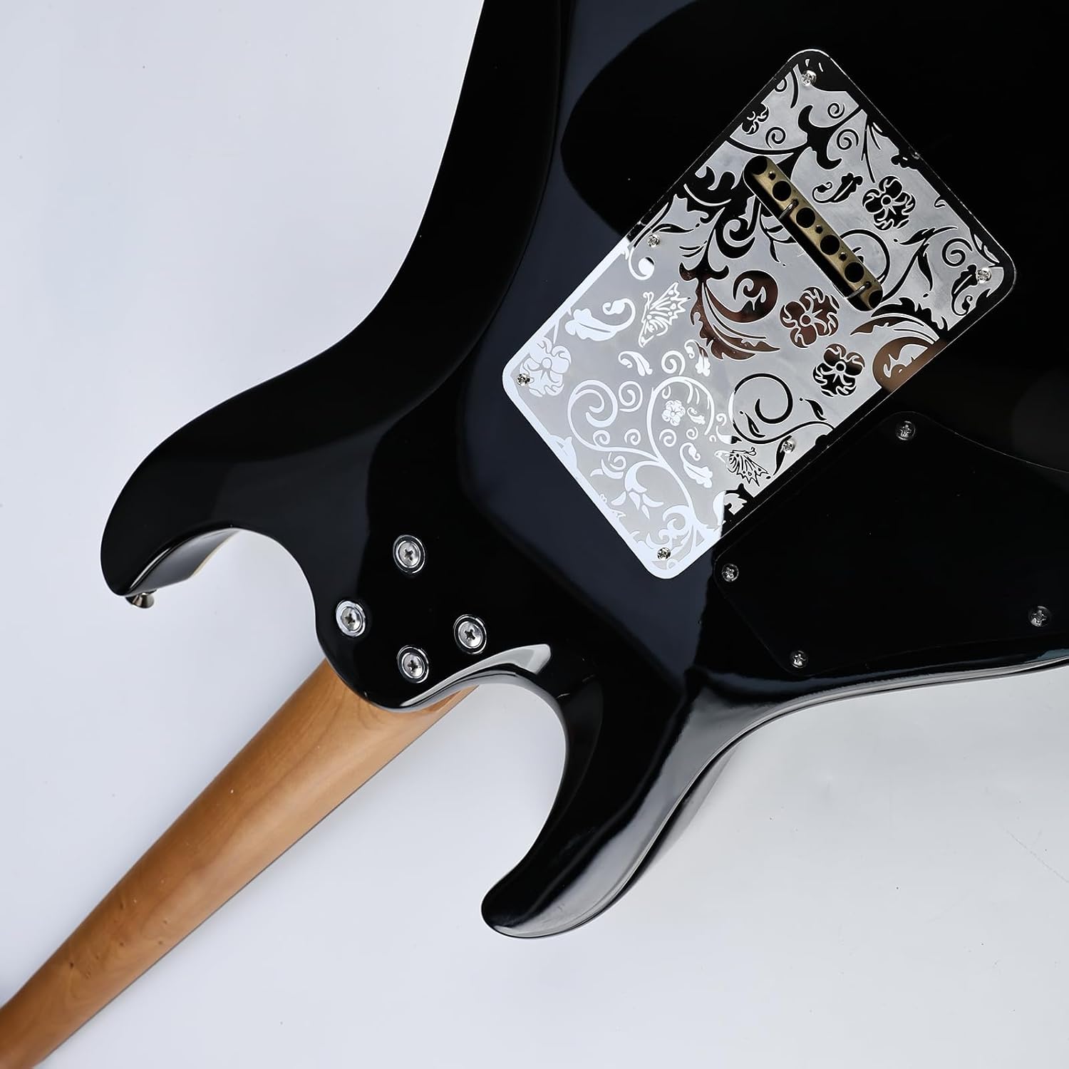 Stainless Steel Guitar Back Plate 6 holes Engraved Metal Trem Tremolo Cover Electric Guitar Back Cover Plate Compatible with USA/Mexican Standard FD Strat ST Replacement Parts (Chrome)