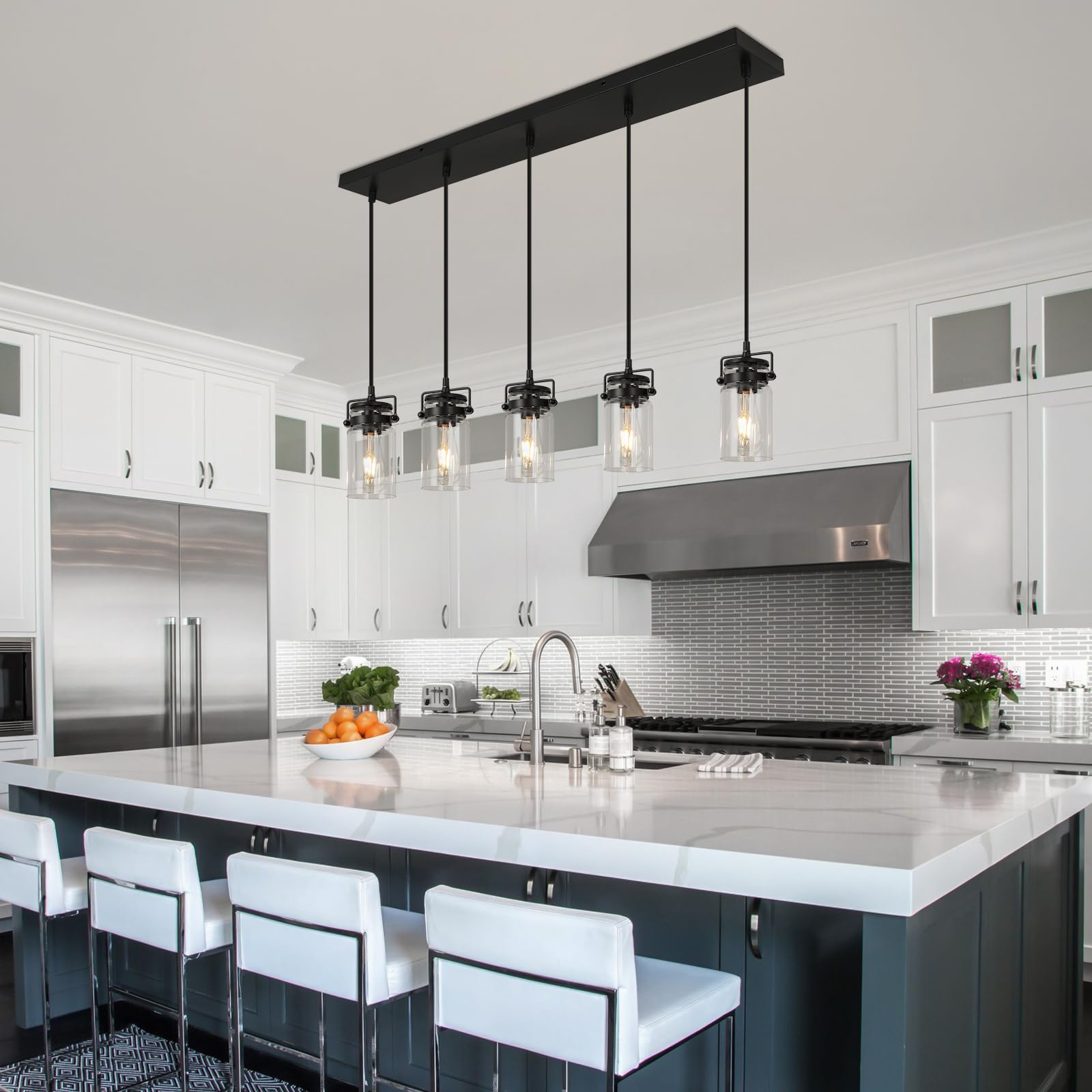 foucasal Pendant Lighting for Kitchen Island, 5-Light Dining Room Light Fixture Black Hanging Linear Chandeliers with Clear Glass Shade Farmhouse Chandeliers for Dining Room(E26 Bulb Base)