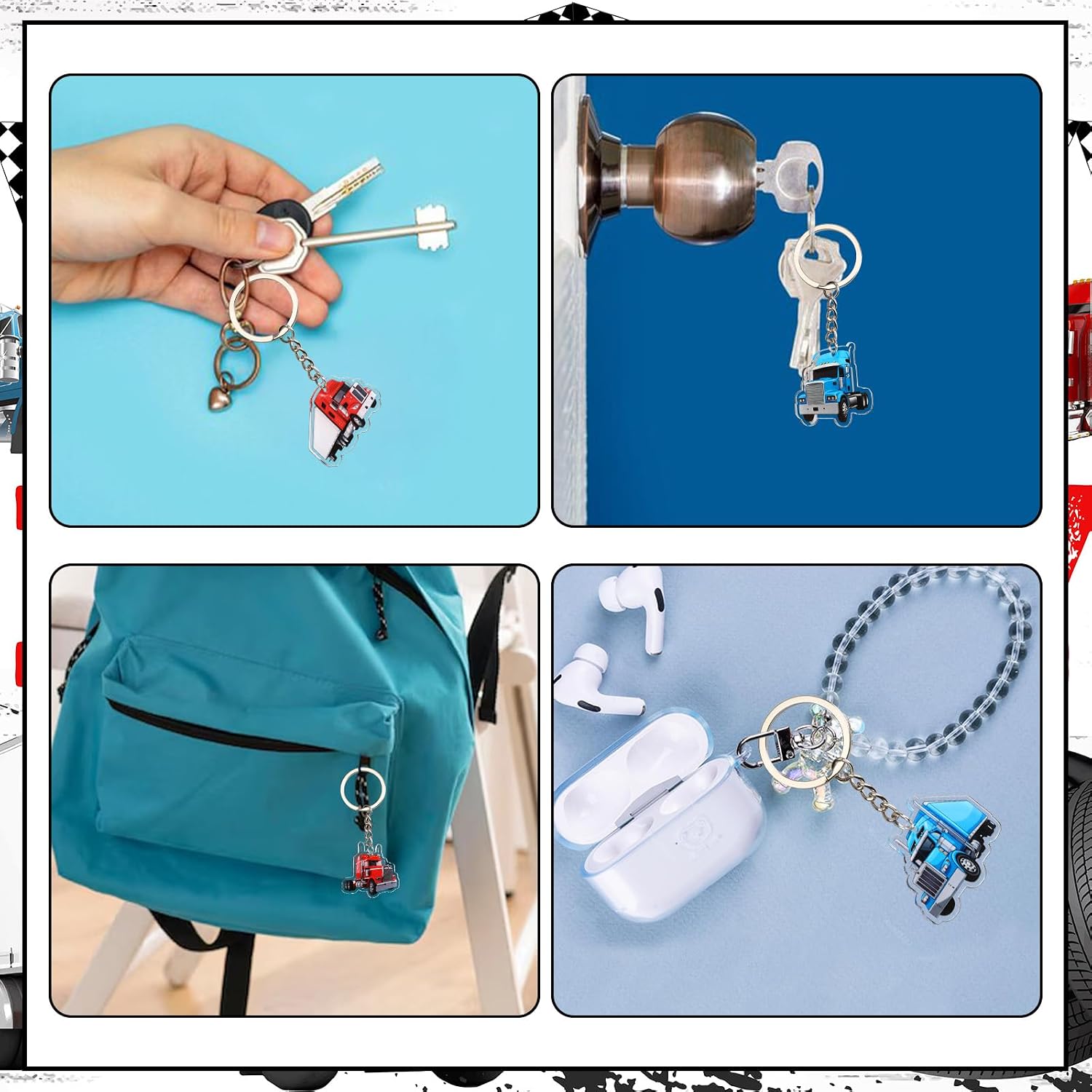 Serencatcher Heavy Truck Keychain 12pcs - Semi Truck Party Favors Keychain Set with Double-Sided Printing, 4 Designs Acrylic Keyrings for Transportation Birthday Baby Shower Party Decorations Gifts