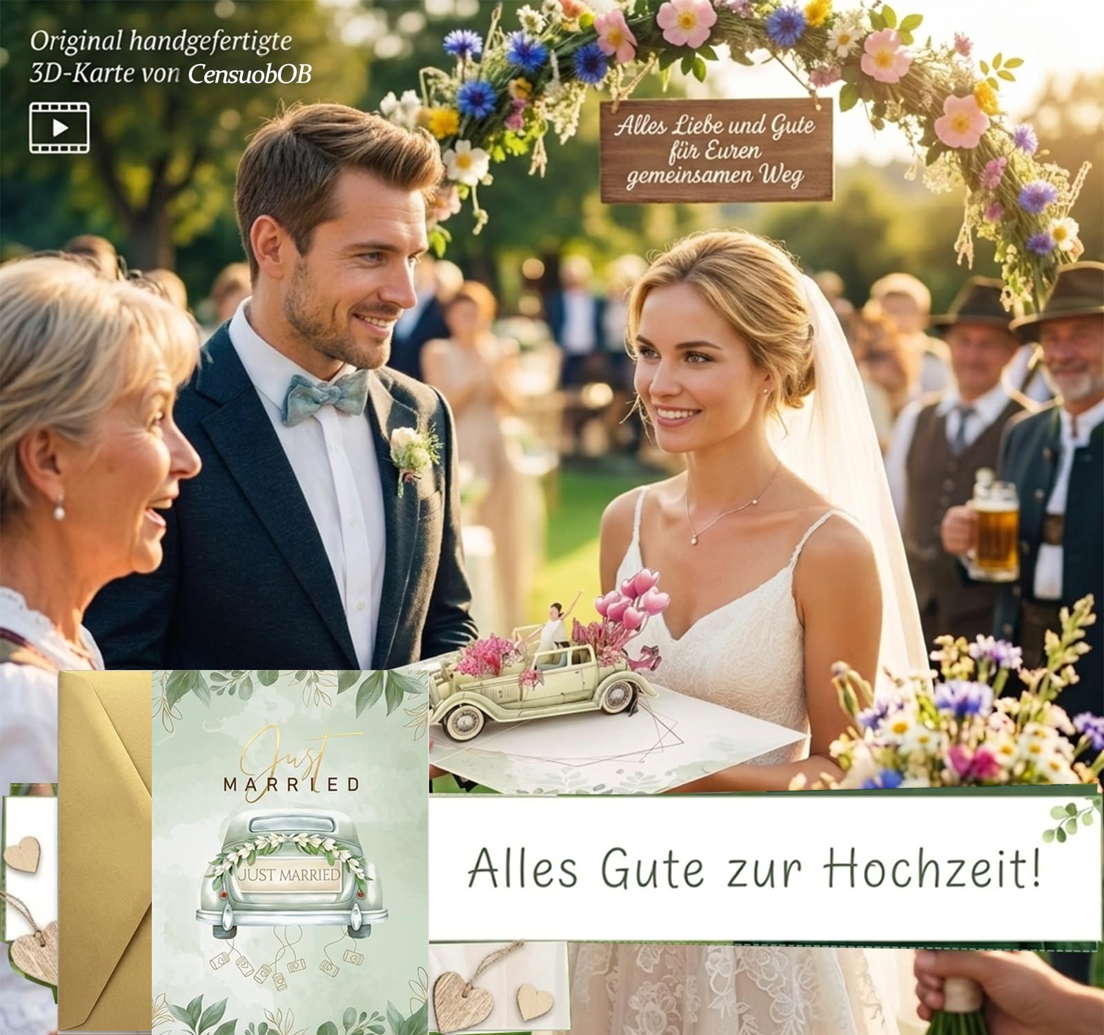 Karta ślubna typu pop-up, karta 3D z życzeniami na ślub z motywem oldtimera i kwiatów, karta "Just Married" z samochodem ślubnym dla pary młodej, karta z życzeniami na Walentynki, zaręczyny, rocznicę