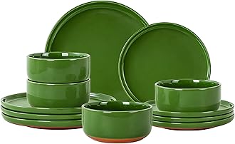 GZG Modern Art Series - 12 Pcs Speckled Stoneware Plates and Bowls Sets, Ceramic Dinnerware Set with Rustic Terracotta Underside, Microwave and Dishwasher Safe Handcrafted Dishes Set - Verdant Green