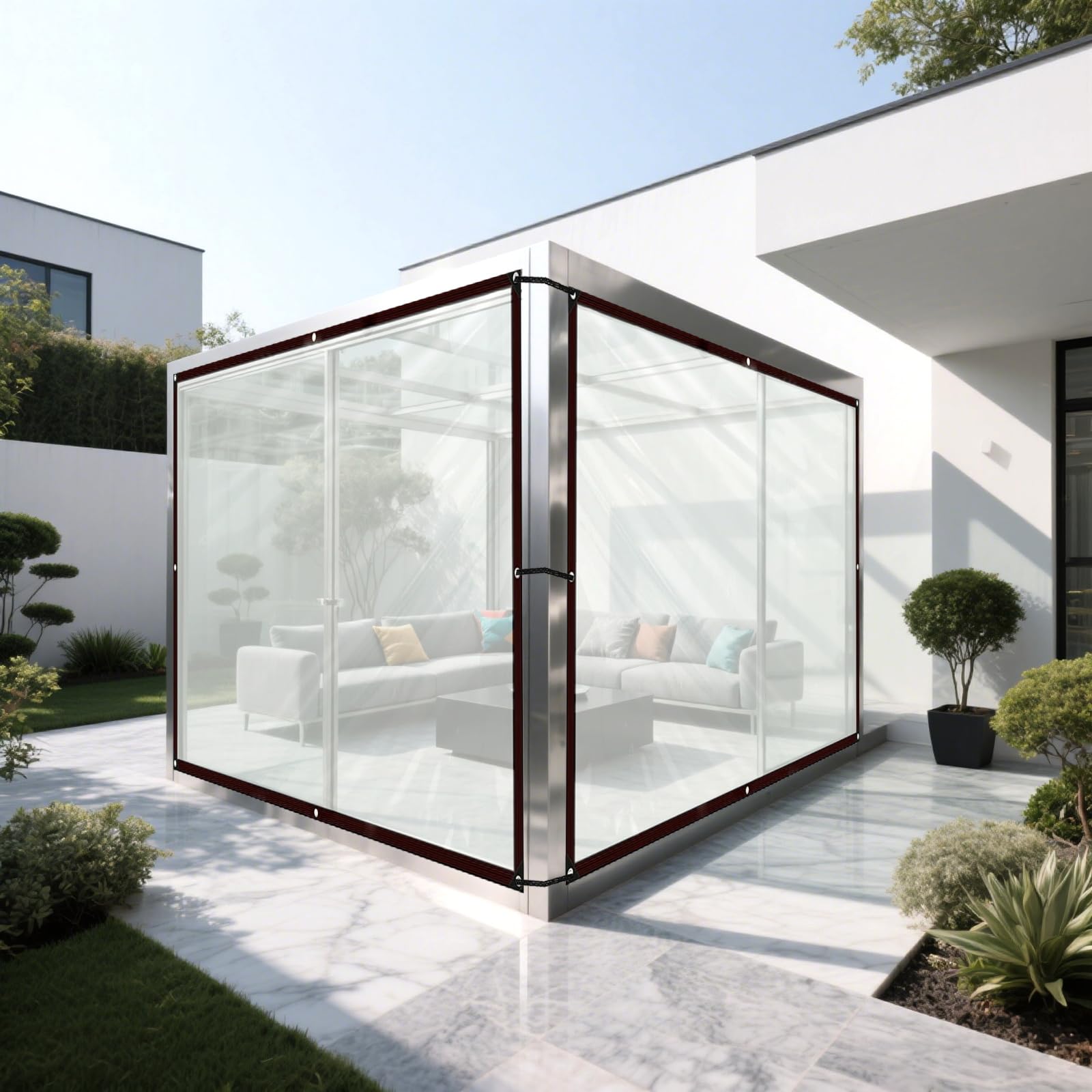 Telone Trasparente con Occhielli 2 x 2m Telo Impermeabile Trasparente Telone Impermeabile Esterno con Corda da 5m Telo di Copertura in PVC per Campeggio Piante Balcone Serra Mobili da Giardino
