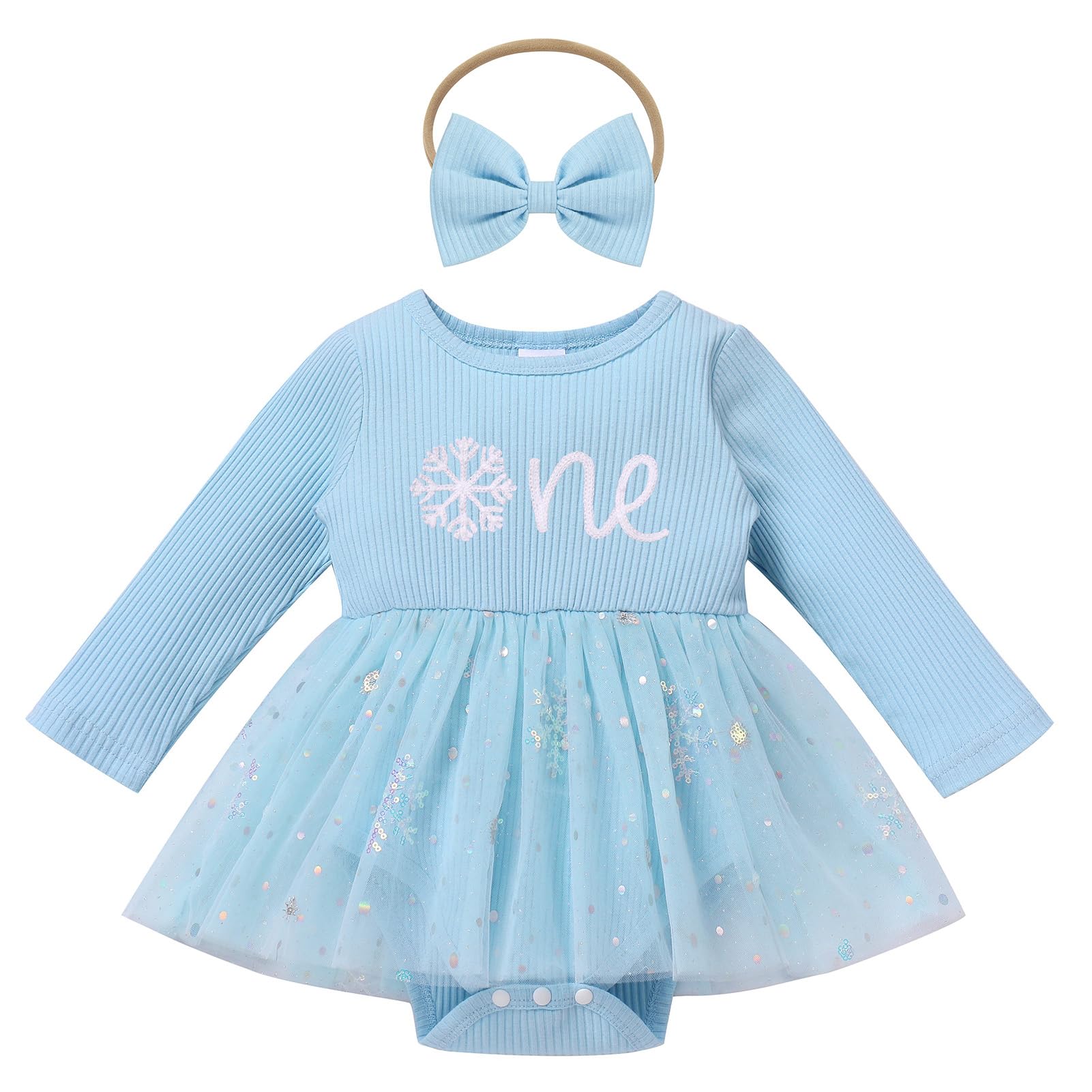 ODOLDI Kids Girls 1st Birthday Outfits Snowflake/Pumpkin Long Sleeve Romper Dress and Headband Cake Smash Outfits Blue Snowflakes 9-12 Months