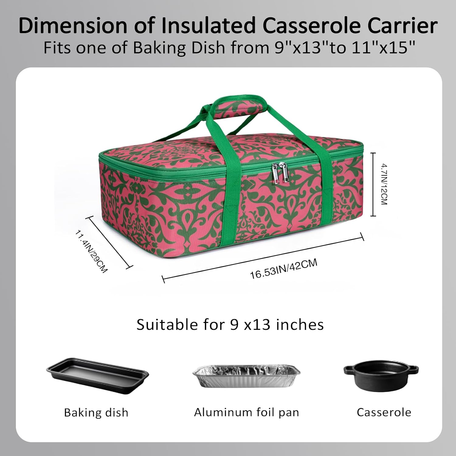 Lestyn Insulated Casserole Baking Dish Transport Carrier Bag - Pink/Green image 3